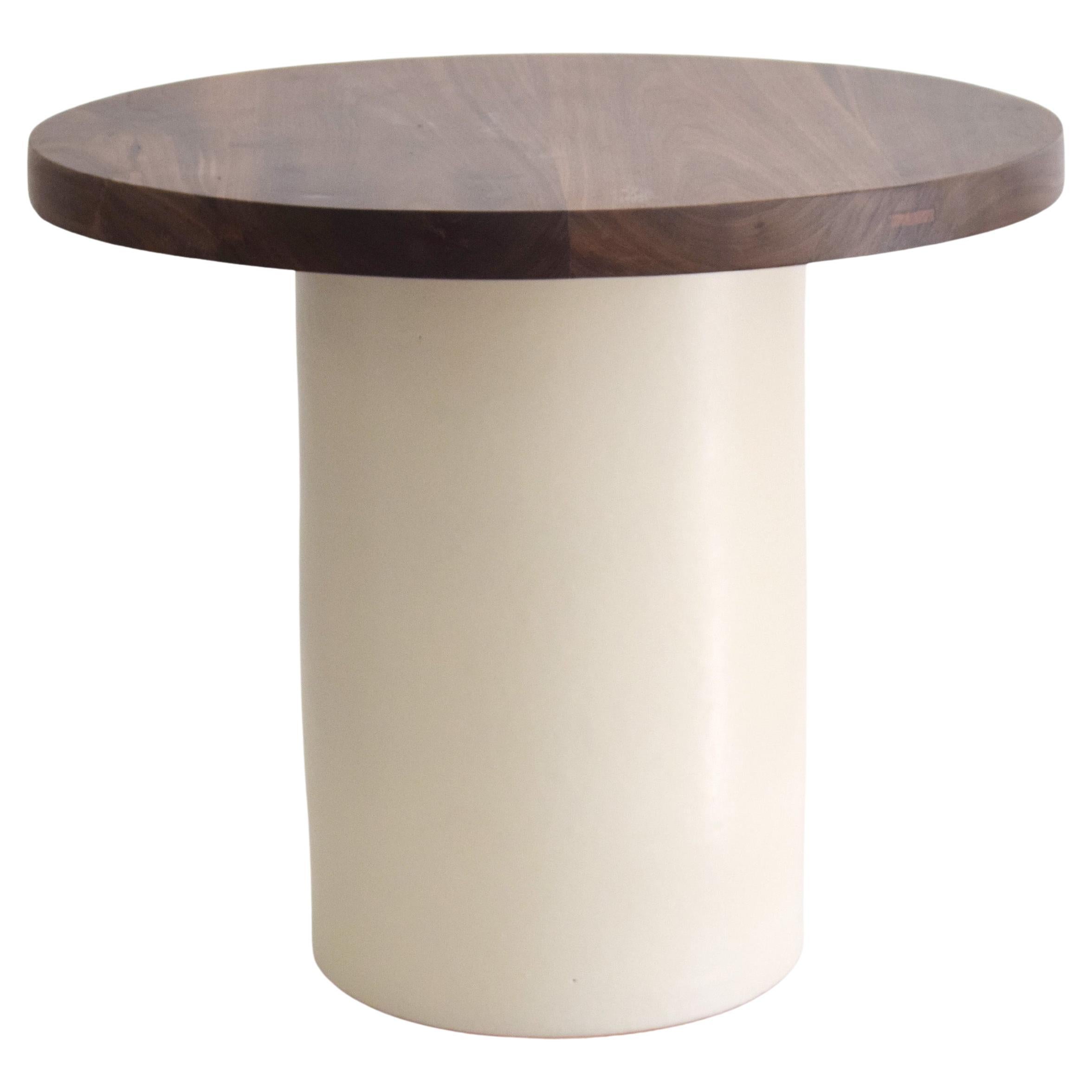 Handmade Off-White Ceramic Coffee Table Walnut Tabletop For Sale