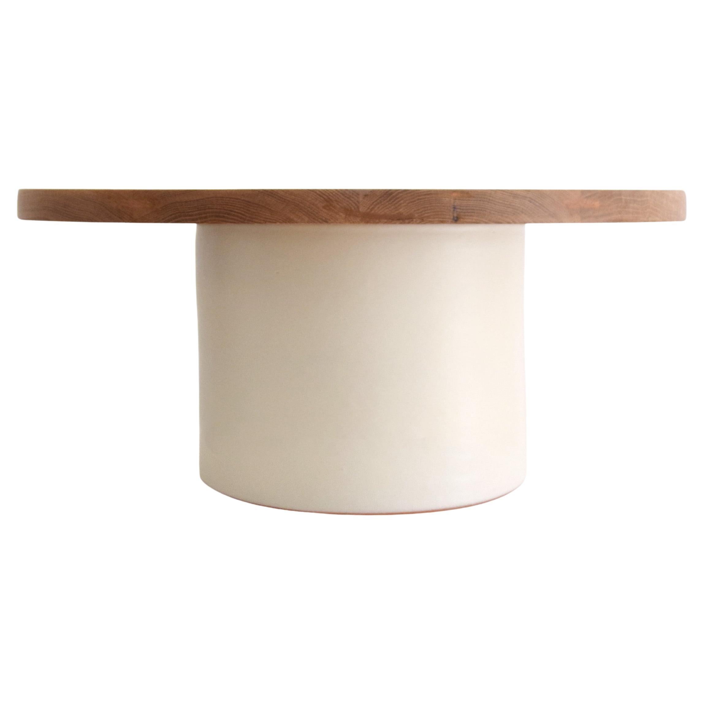 Handmade Off-White Ceramic Coffee Table with Oak Top For Sale