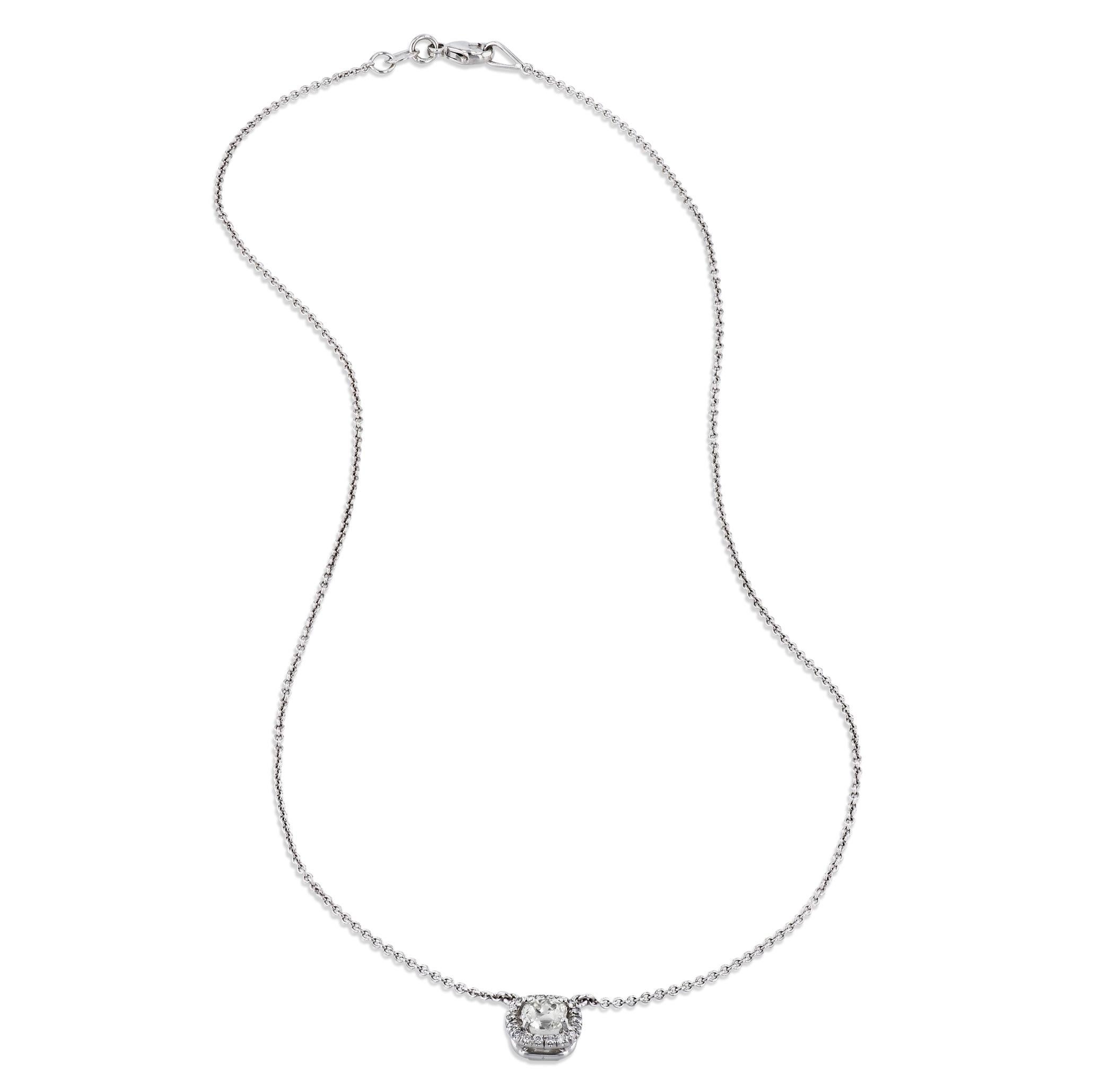 This magnificent Old Mine Cushion Cut White Gold Diamond Pave Pendant Necklace is exquisitely crafted with 18k white gold and features a spectacular Old Mine Cushion Cut diamond at the center. Captivatingly framed with sparkling diamond pave, it's