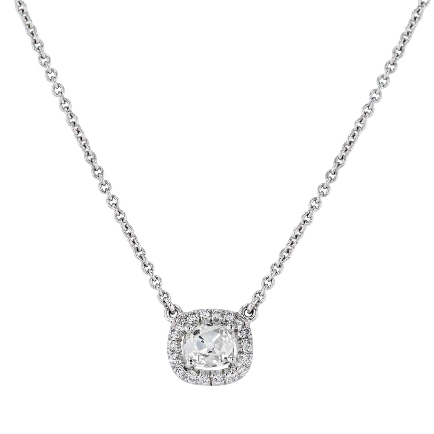 Handmade Old Mine Cushion Cut White Gold Diamond Pave Pendant Necklace In New Condition For Sale In Miami, FL