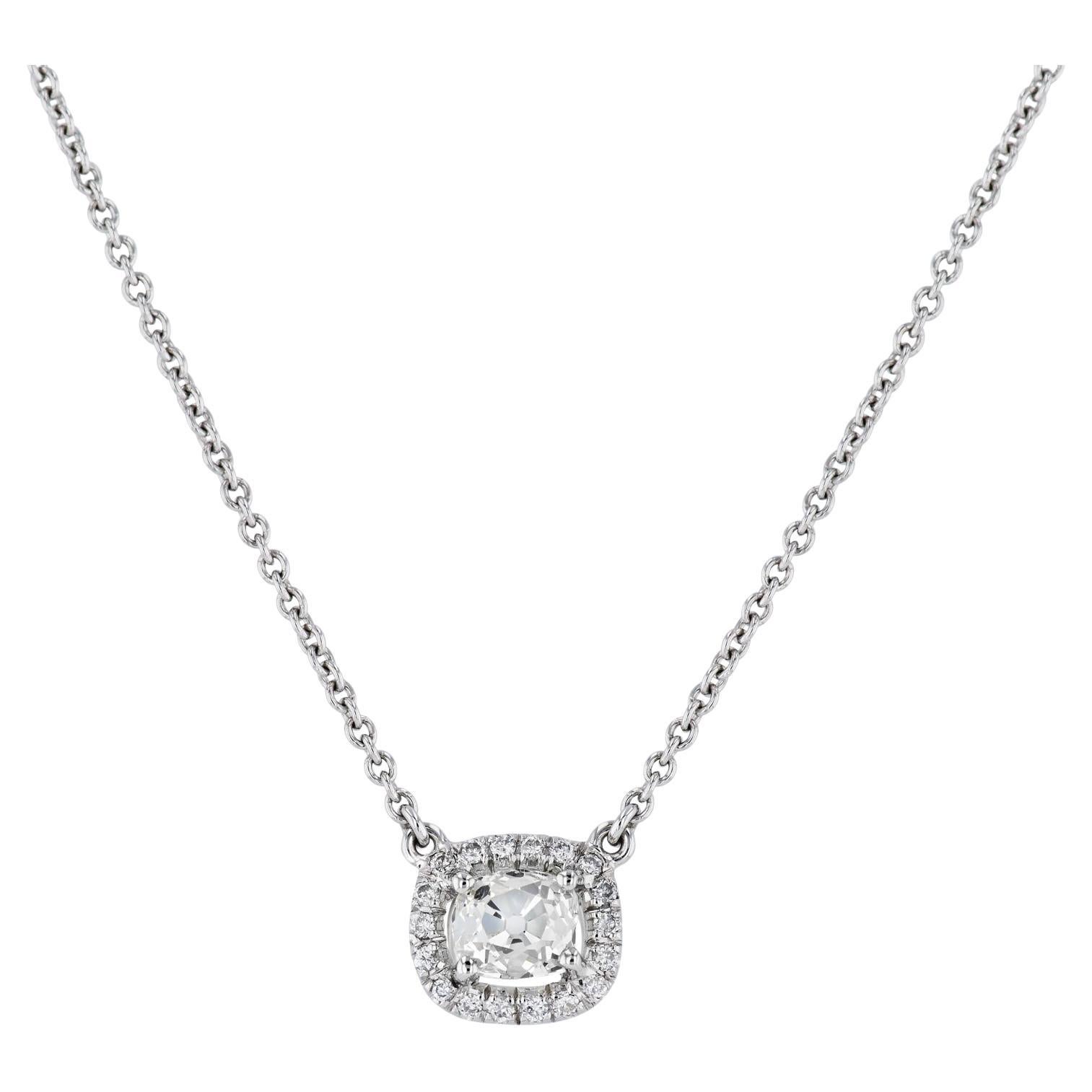 Handmade Old Mine Cushion Cut White Gold Diamond Pave Pendant Necklace For Sale
