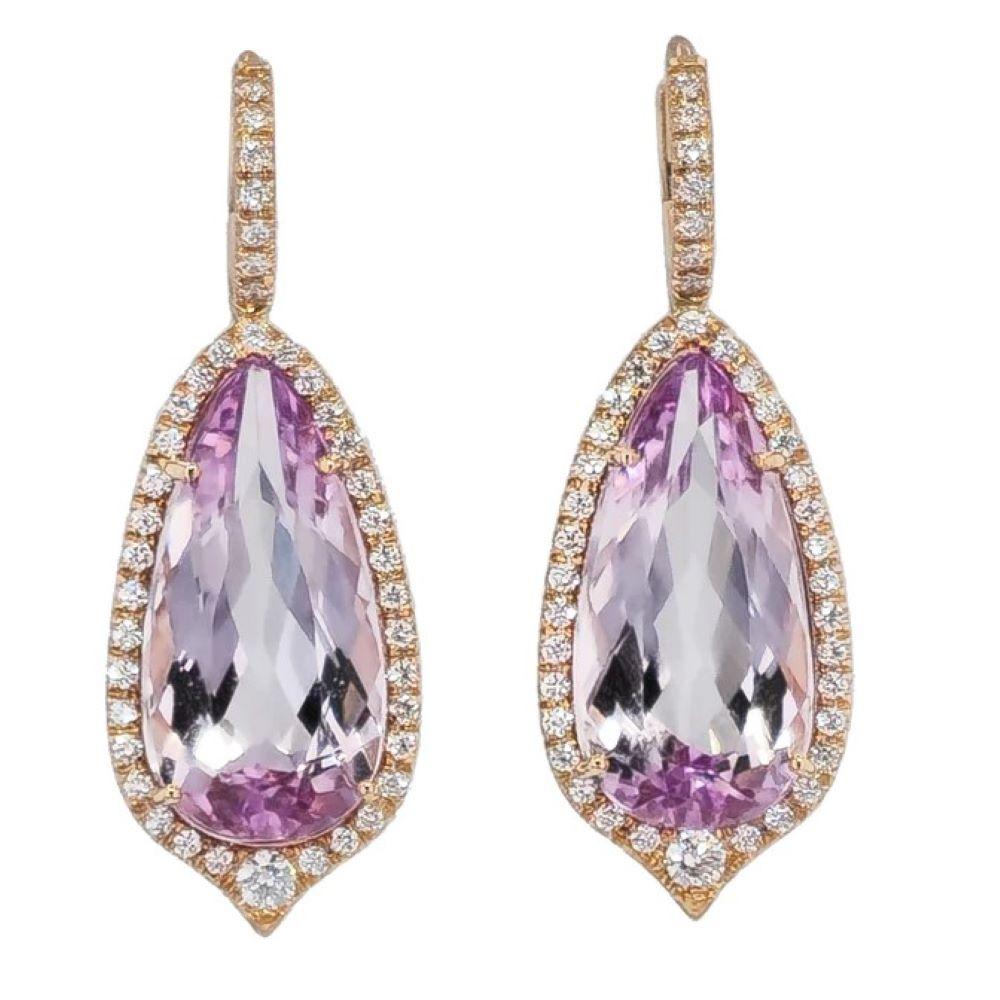 Adorn yourself with these exquisite Kunzite Diamond Pave Drop Earrings, crafted with mesmerizing 18.15ct Kunzites at their core and surrounded with an impressive 82pcs of 0.71ct F/G VS1 Diamond Pave. Beautifully set in 18kt Rose Gold and handmade by
