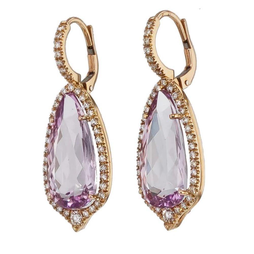 Brilliant Cut Handmade One of a Kind Kunzite Rose Gold Diamond Pave Drop Earrings For Sale