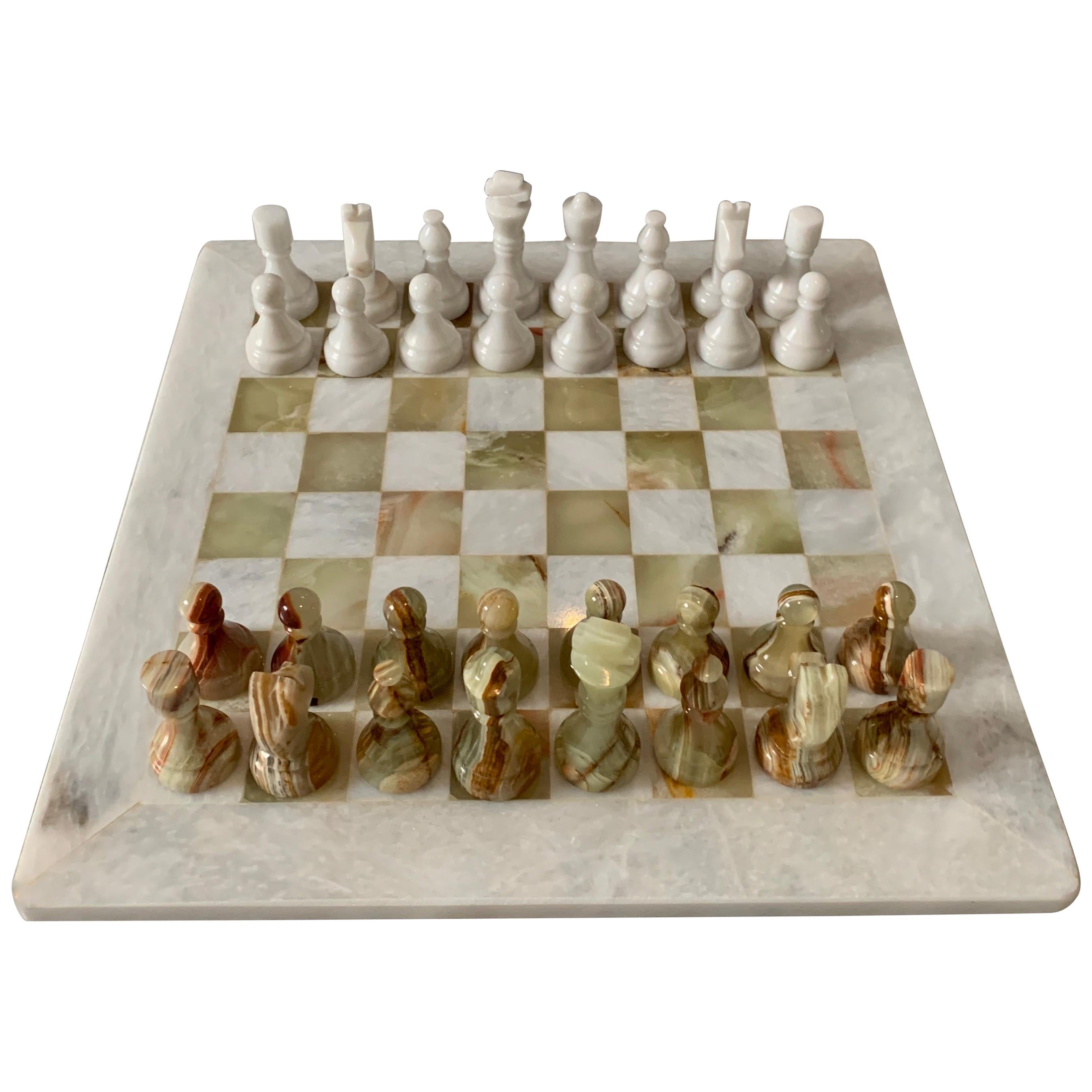 Handmade Onyx and Marble Chess Board and Pieces