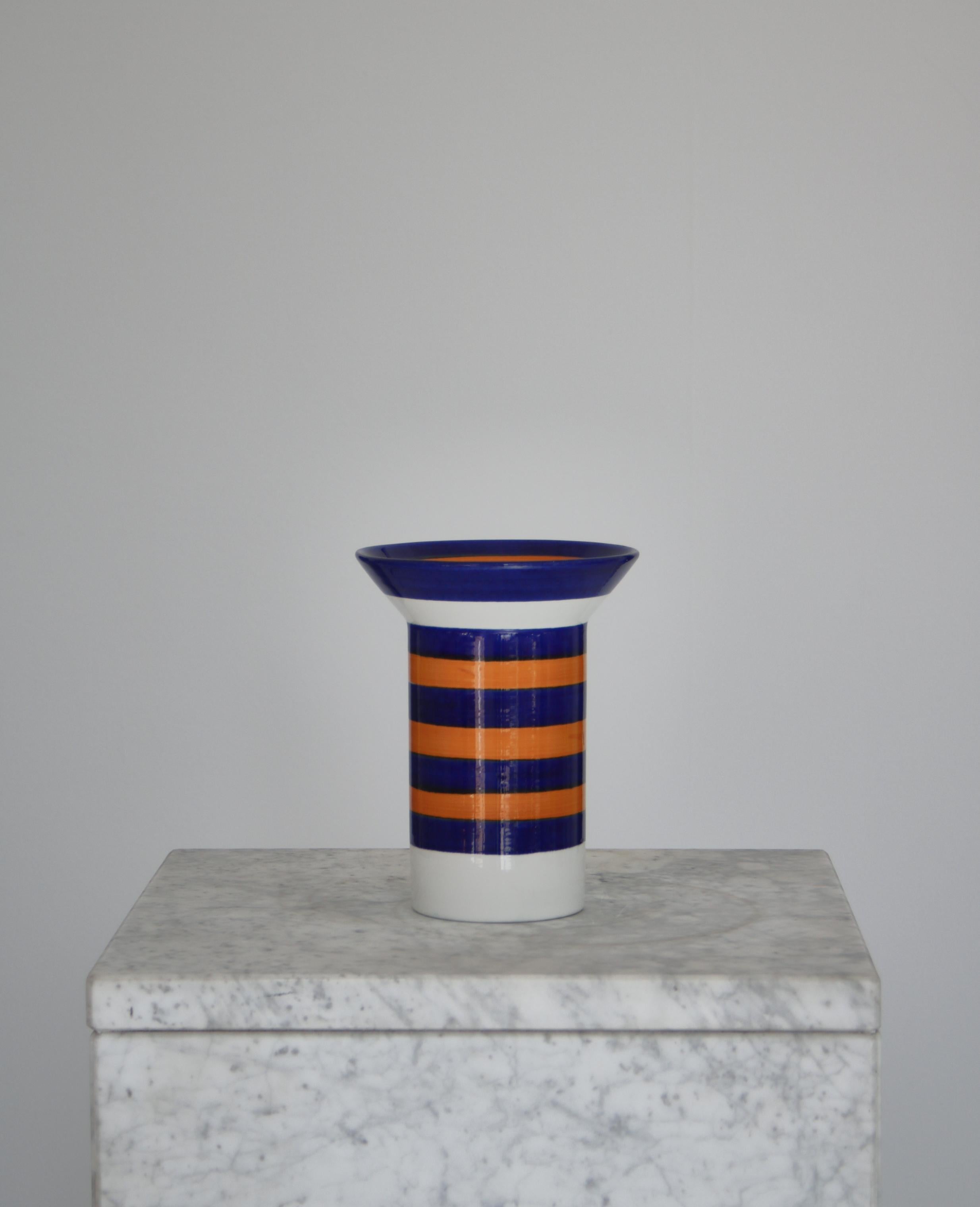 Scandinavian Modern Handmade Orange & Blue Striped Vase Marianne Westmann Rörstrand, Sweden, 1970s