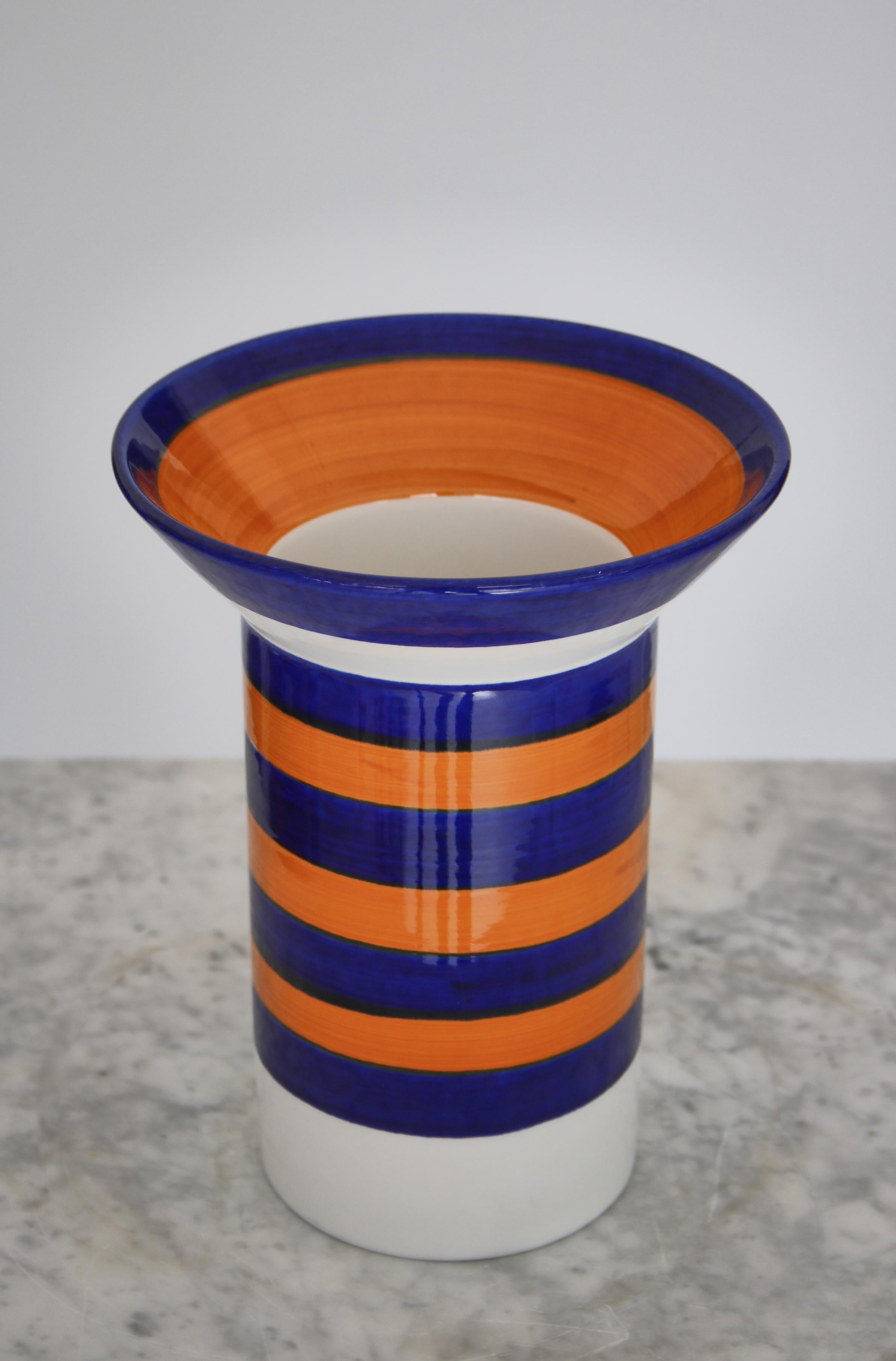 Swedish Handmade Orange & Blue Striped Vase Marianne Westmann Rörstrand, Sweden, 1970s