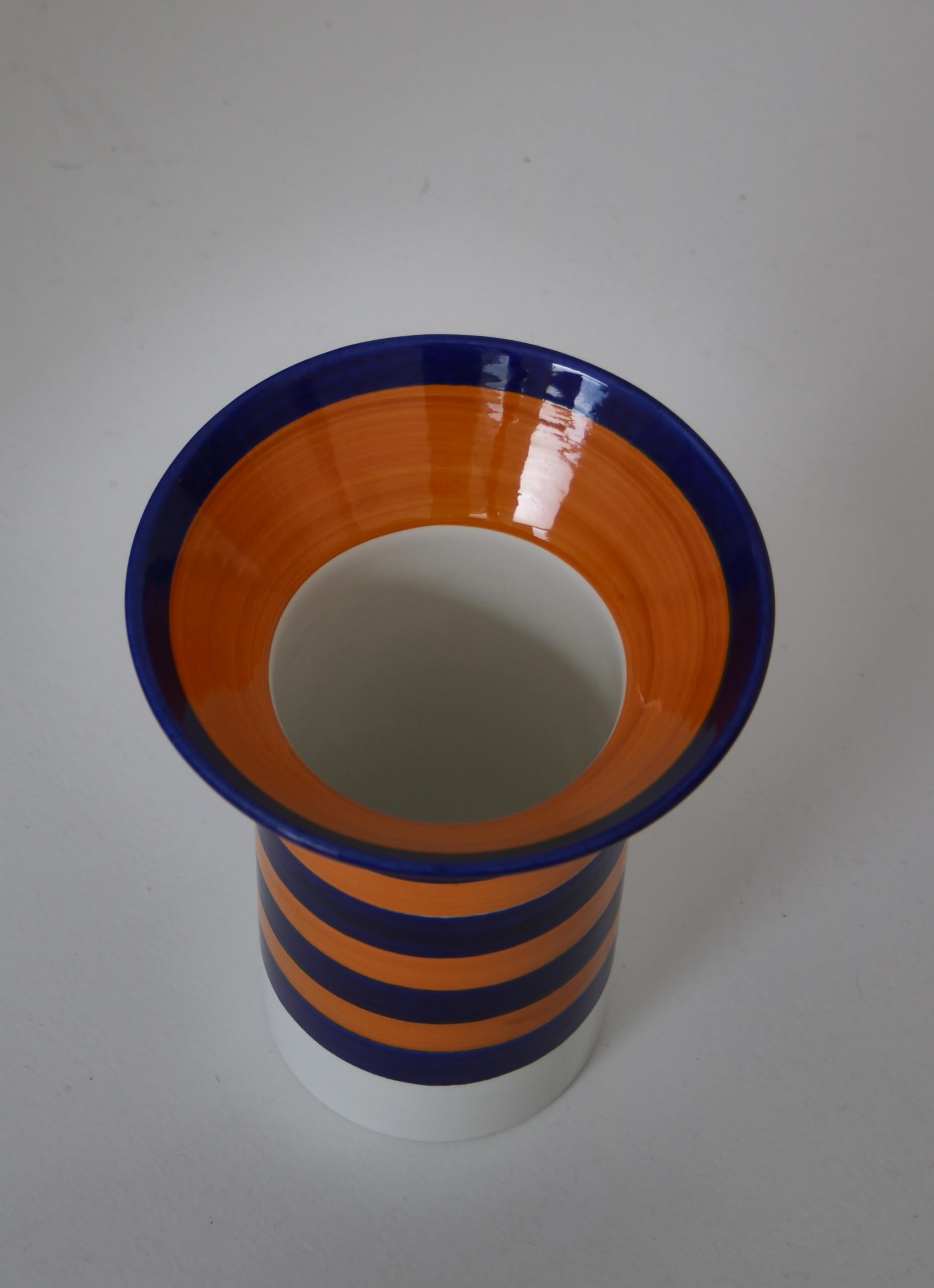 Handmade Orange & Blue Striped Vase Marianne Westmann Rörstrand, Sweden, 1970s In Good Condition In Odense, DK