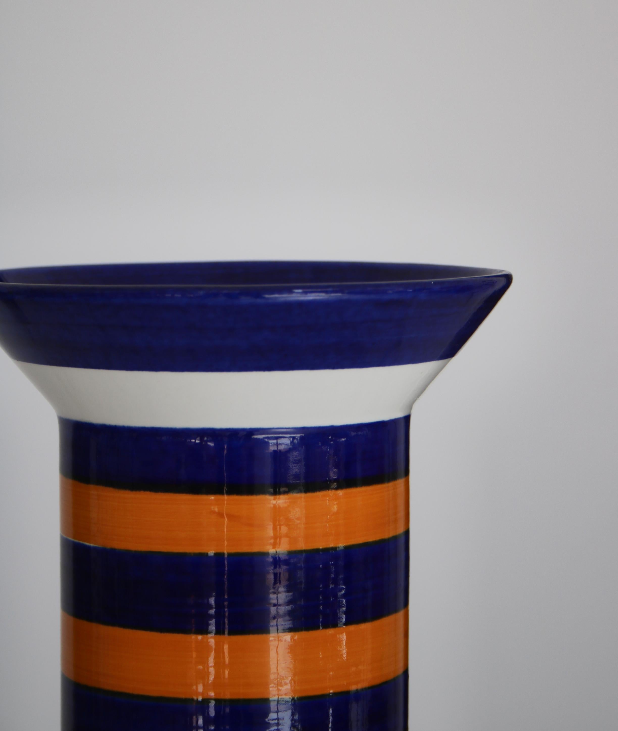 Late 20th Century Handmade Orange & Blue Striped Vase Marianne Westmann Rörstrand, Sweden, 1970s