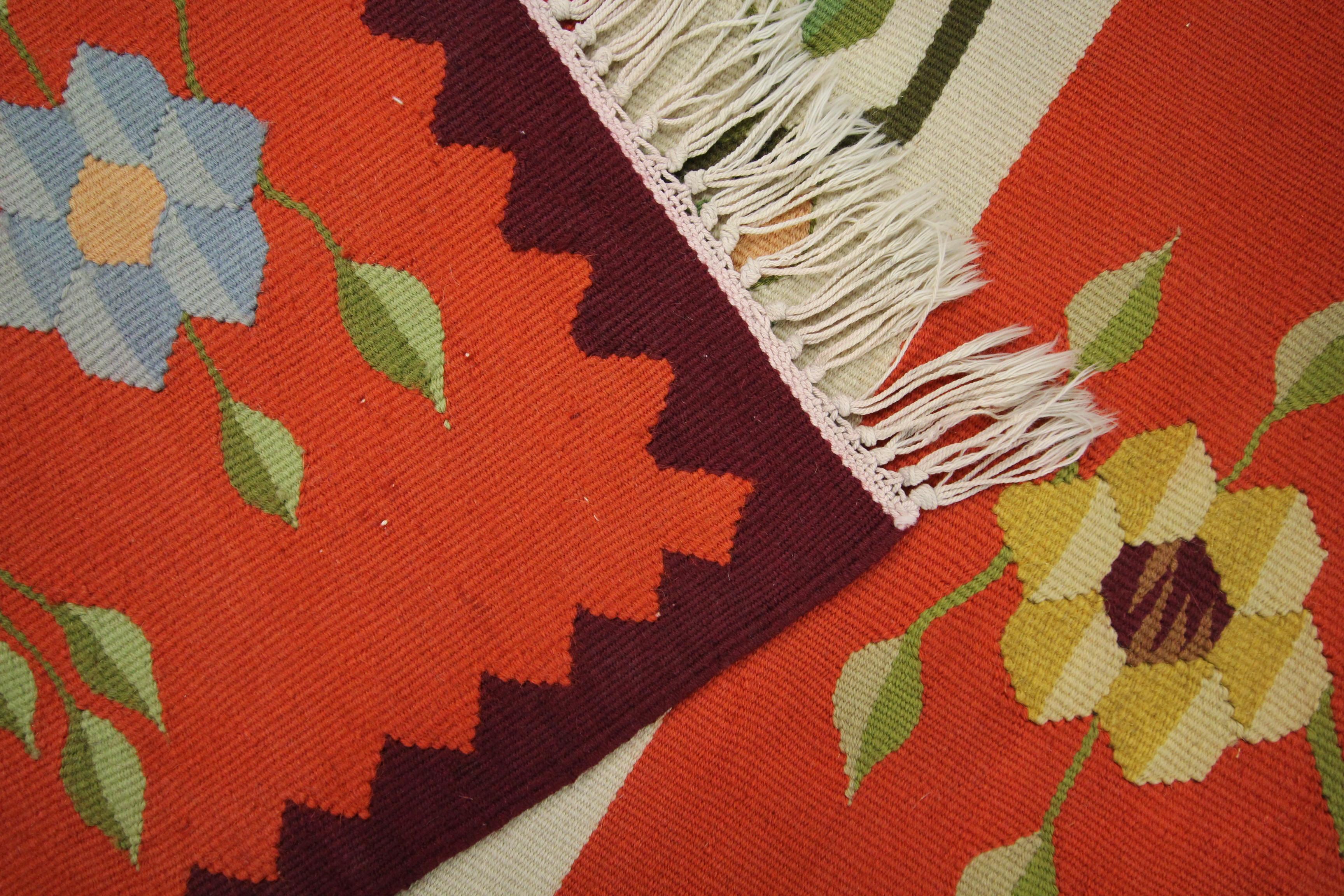 Orange Striped Kilim Rug Traditional Moldavian Wool Area Rug, Handmade Carpet  For Sale 4