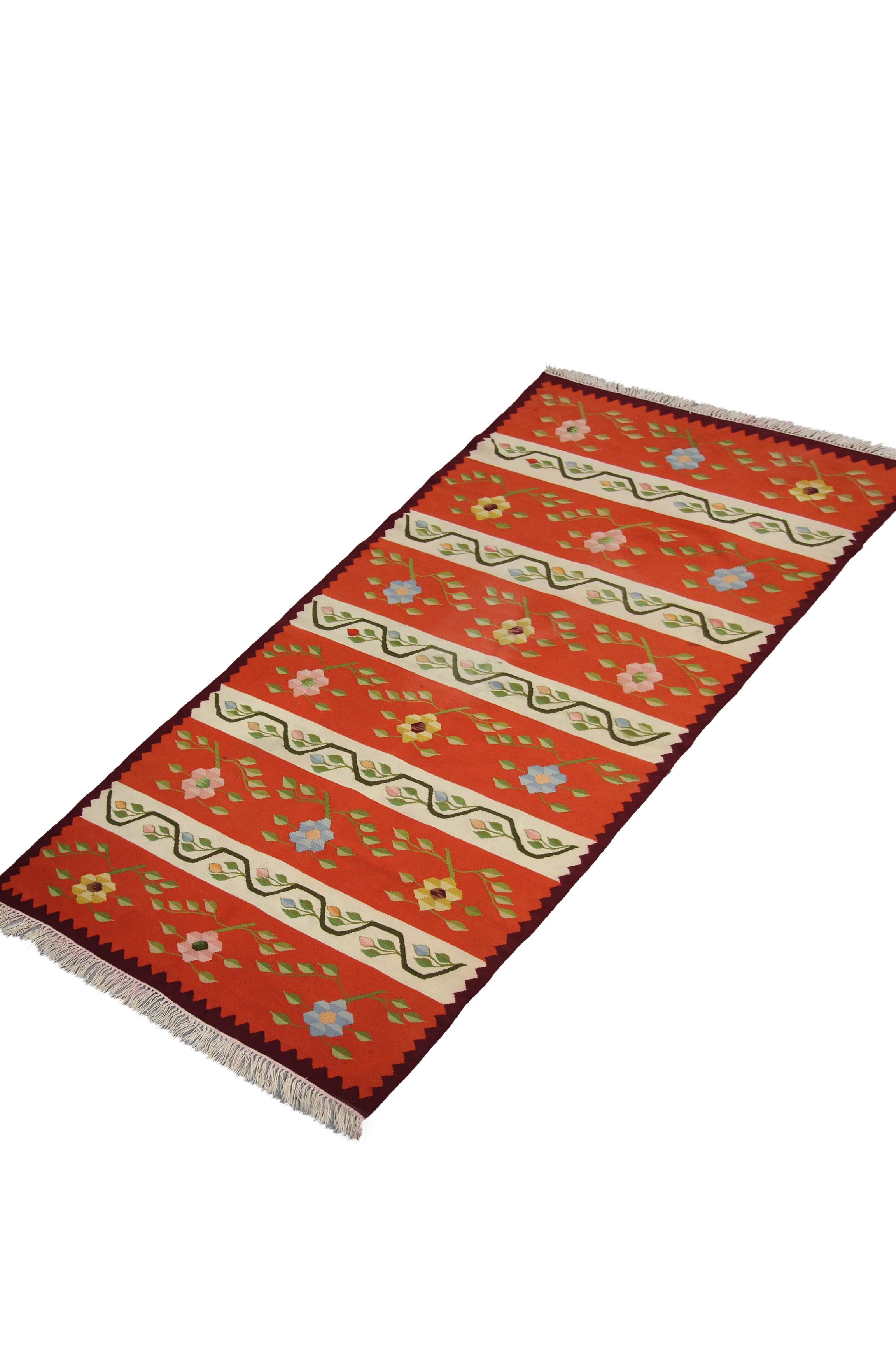 Moldovan Orange Striped Kilim Rug Traditional Moldavian Wool Area Rug, Handmade Carpet  For Sale