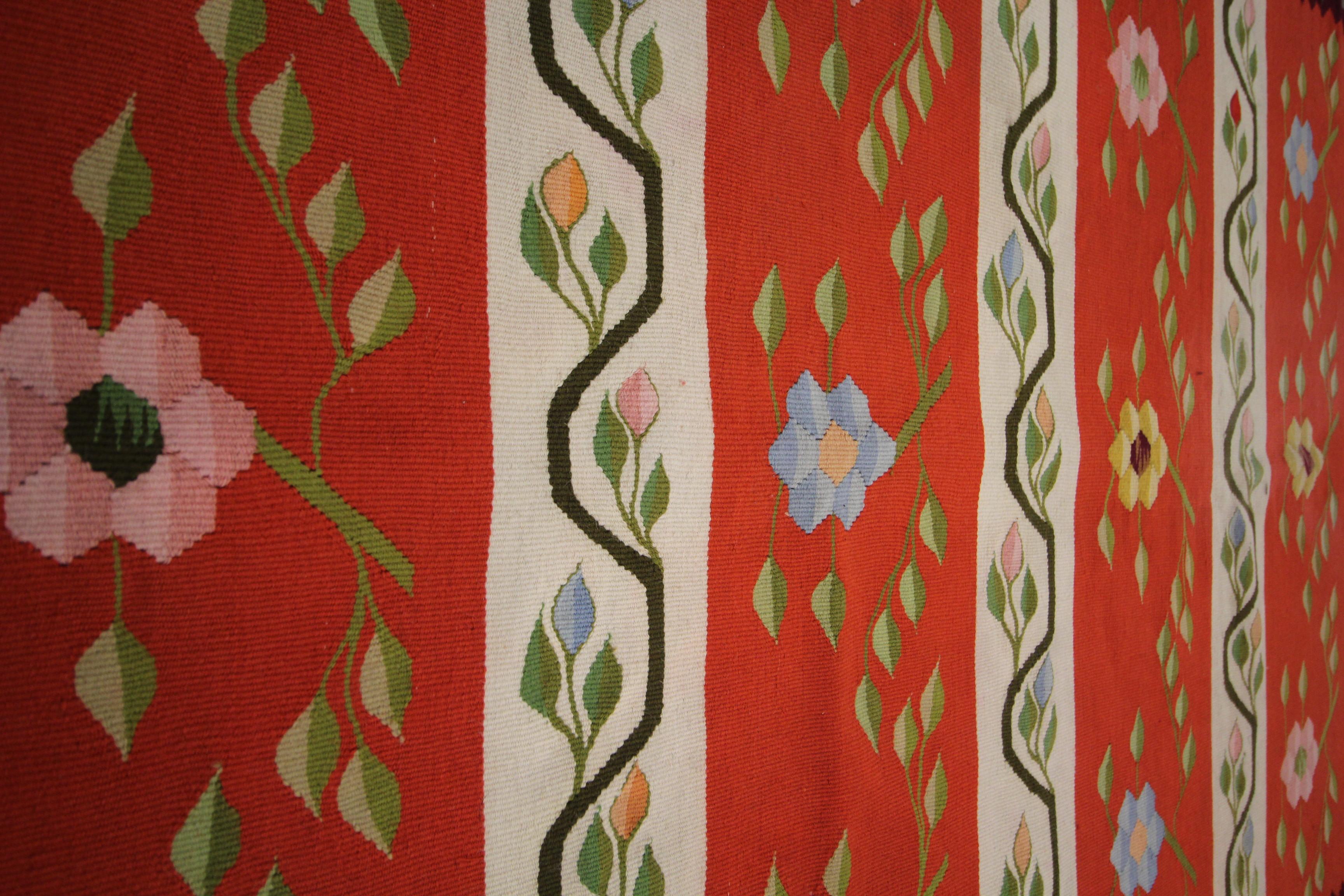 Vegetable Dyed Orange Striped Kilim Rug Traditional Moldavian Wool Area Rug, Handmade Carpet  For Sale