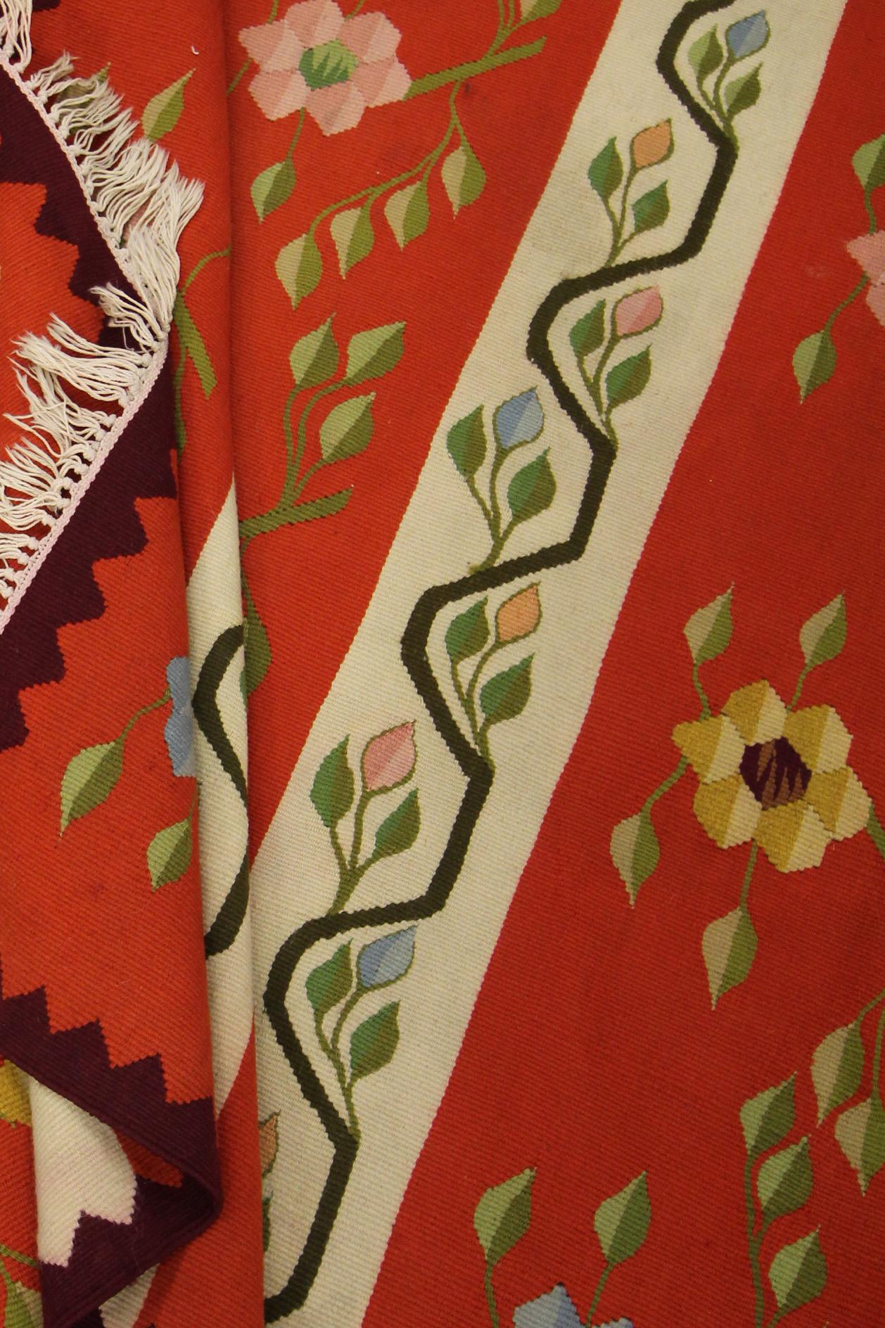 Orange Striped Kilim Rug Traditional Moldavian Wool Area Rug, Handmade Carpet  For Sale 2