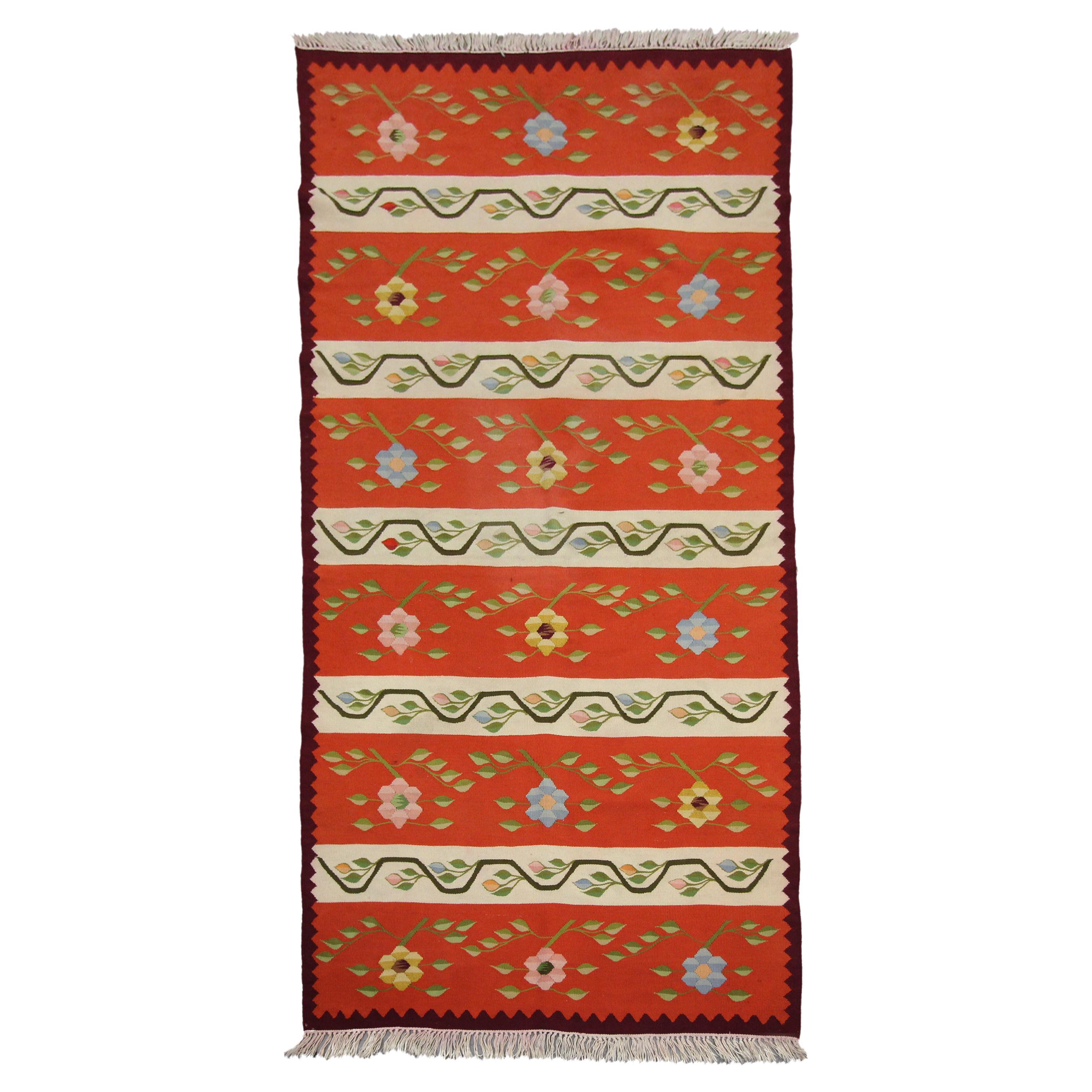 Orange Striped Kilim Rug Traditional Moldavian Wool Area Rug, Handmade Carpet 