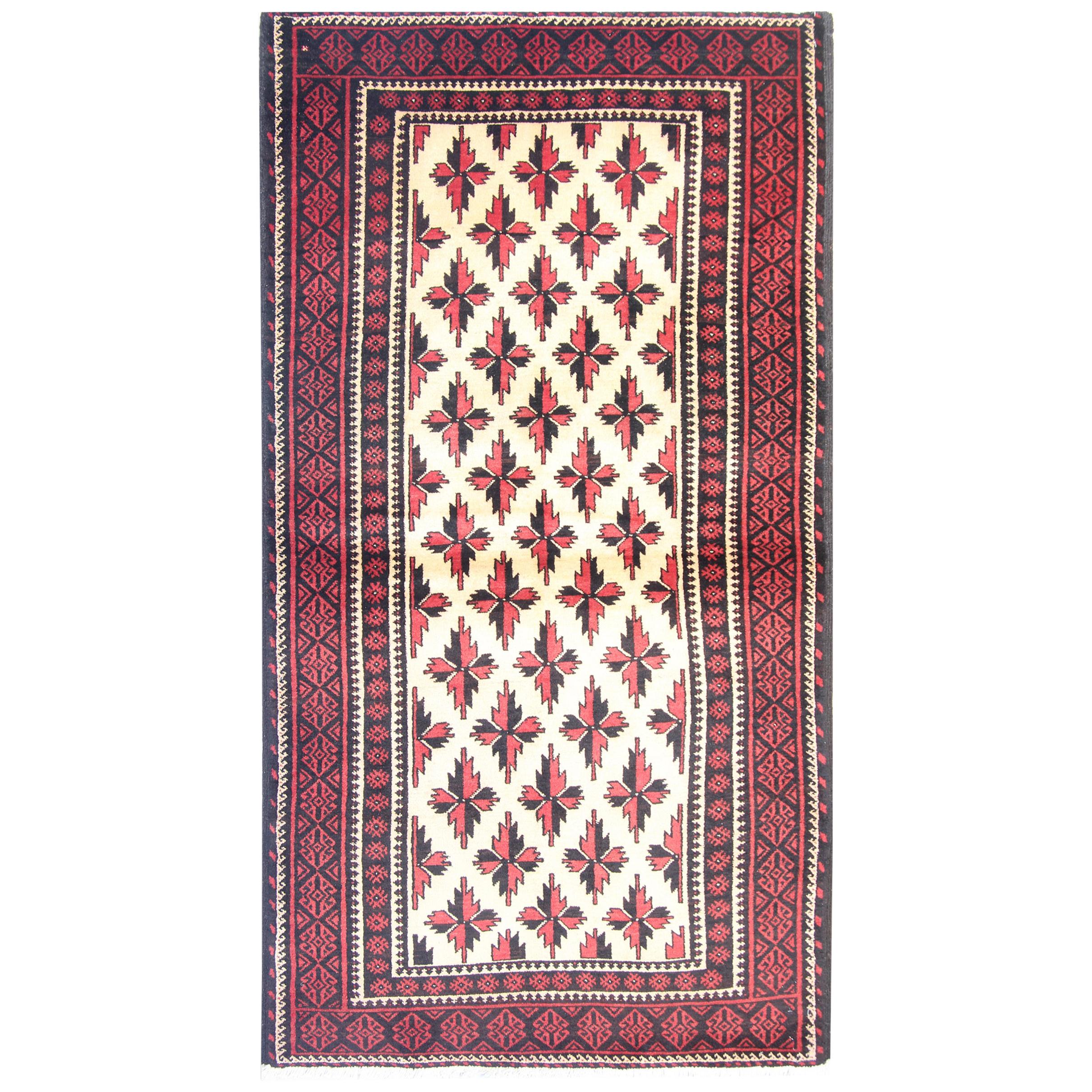 Handmade Carpet Ivory Vintage Rug, Geometric Cream Red Baluch Rug For Sale