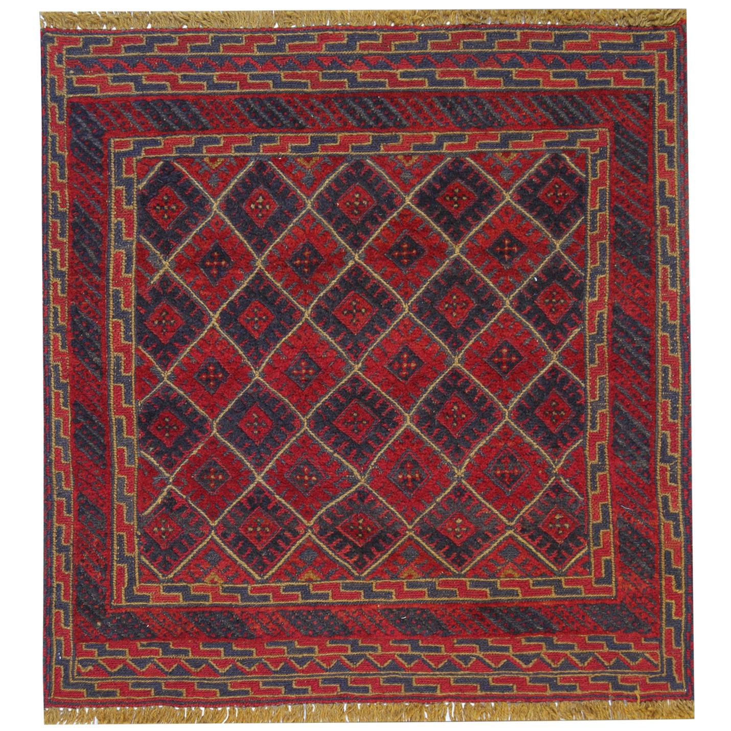 Handmade Carpet Oriental Rug Traditional Deep Red Rugs Square Turkmen Design 