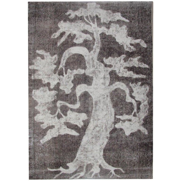 Handmade Oriental Turkish Carpets, Vintage Grey Tree, Black and White