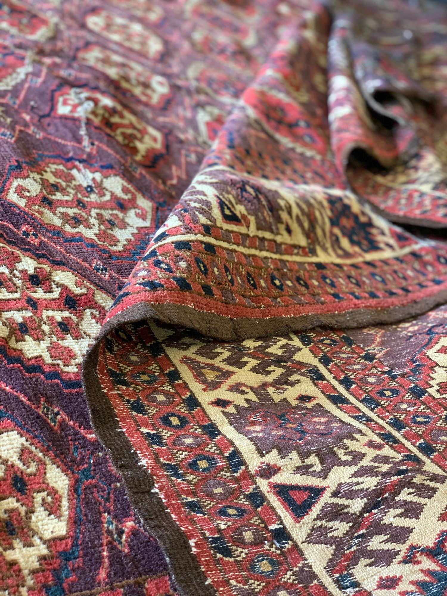 Handmade Oriental Turkmen Antique Carpet Wool Brown Cream Area Rug For Sale 2