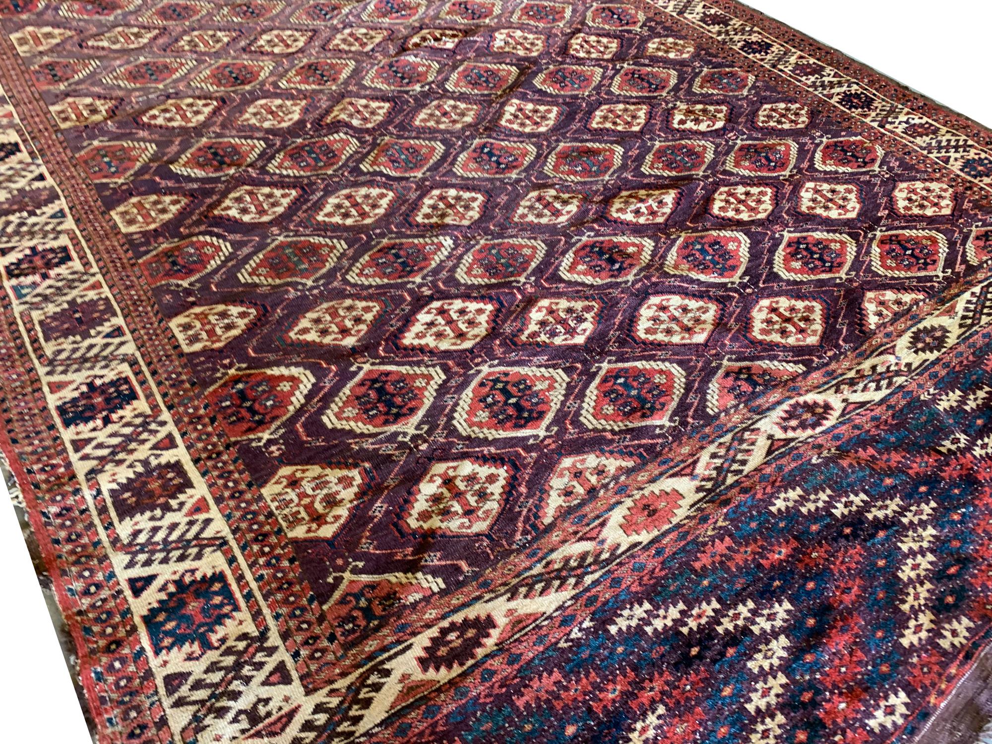 Mid-Century Modern Handmade Oriental Turkmen Antique Carpet Wool Brown Cream Area Rug For Sale