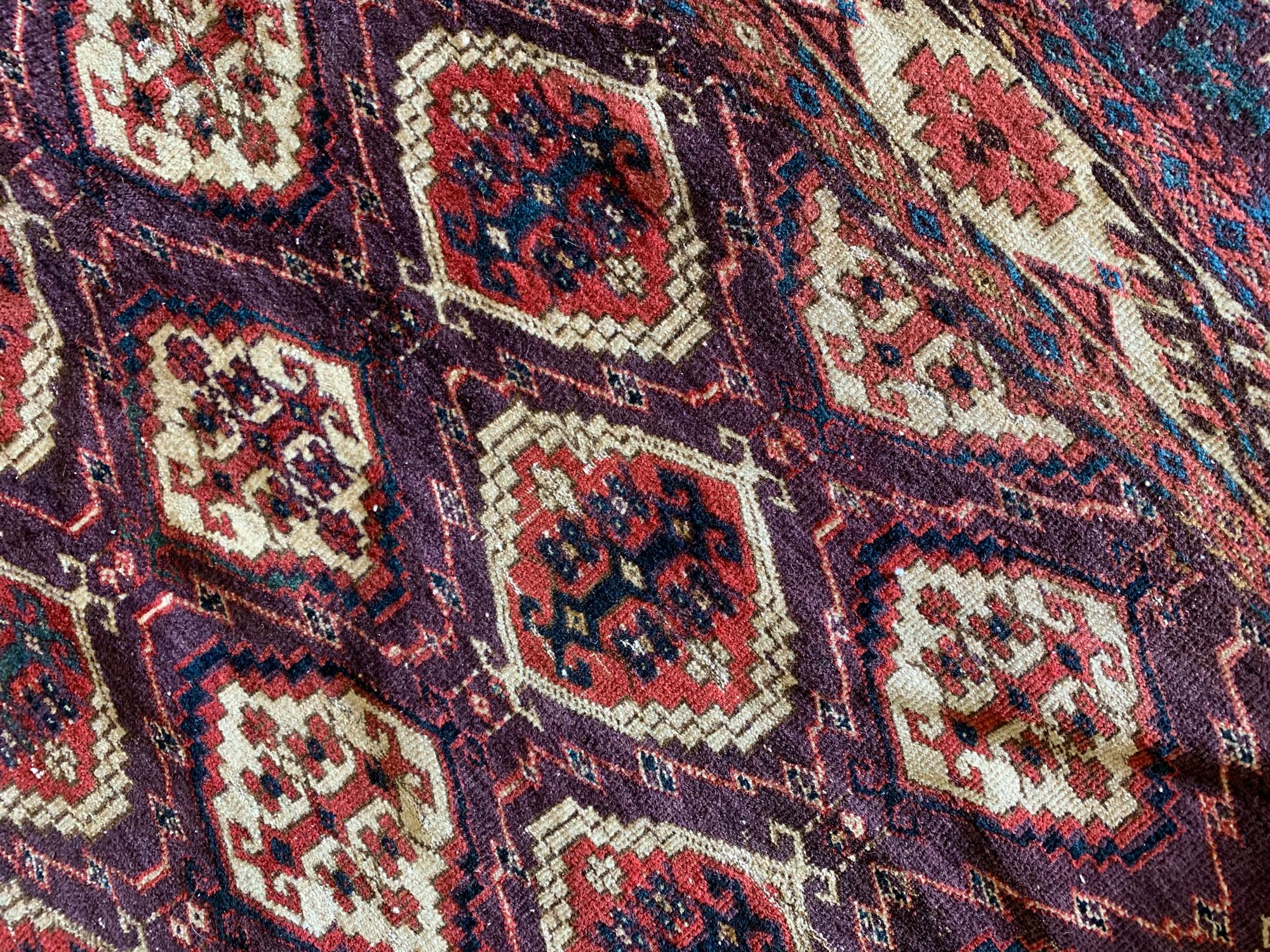 Hand-Woven Handmade Oriental Turkmen Antique Carpet Wool Brown Cream Area Rug For Sale