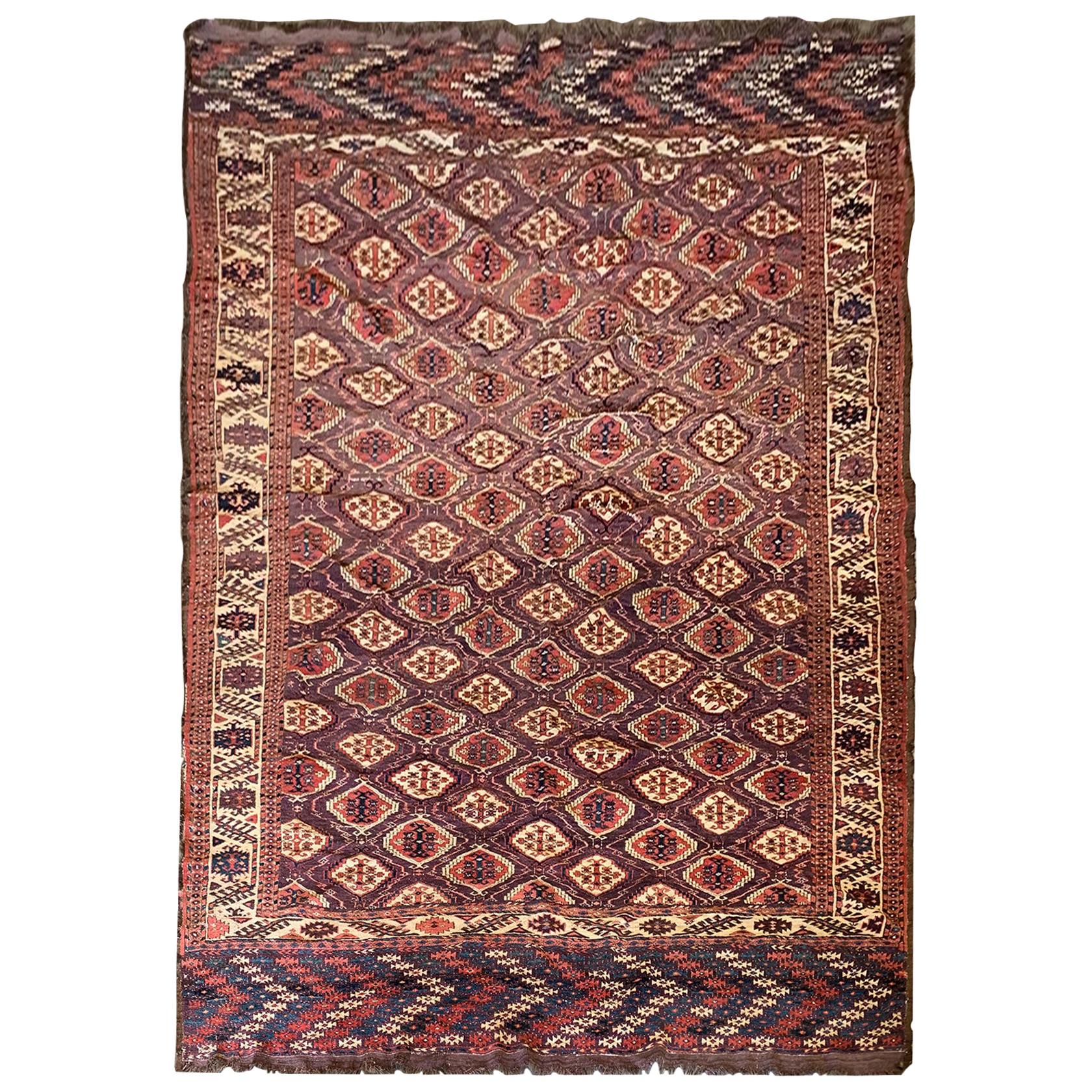 Tapis ancien turkmène oriental fait à la main en laine marron crème de zone