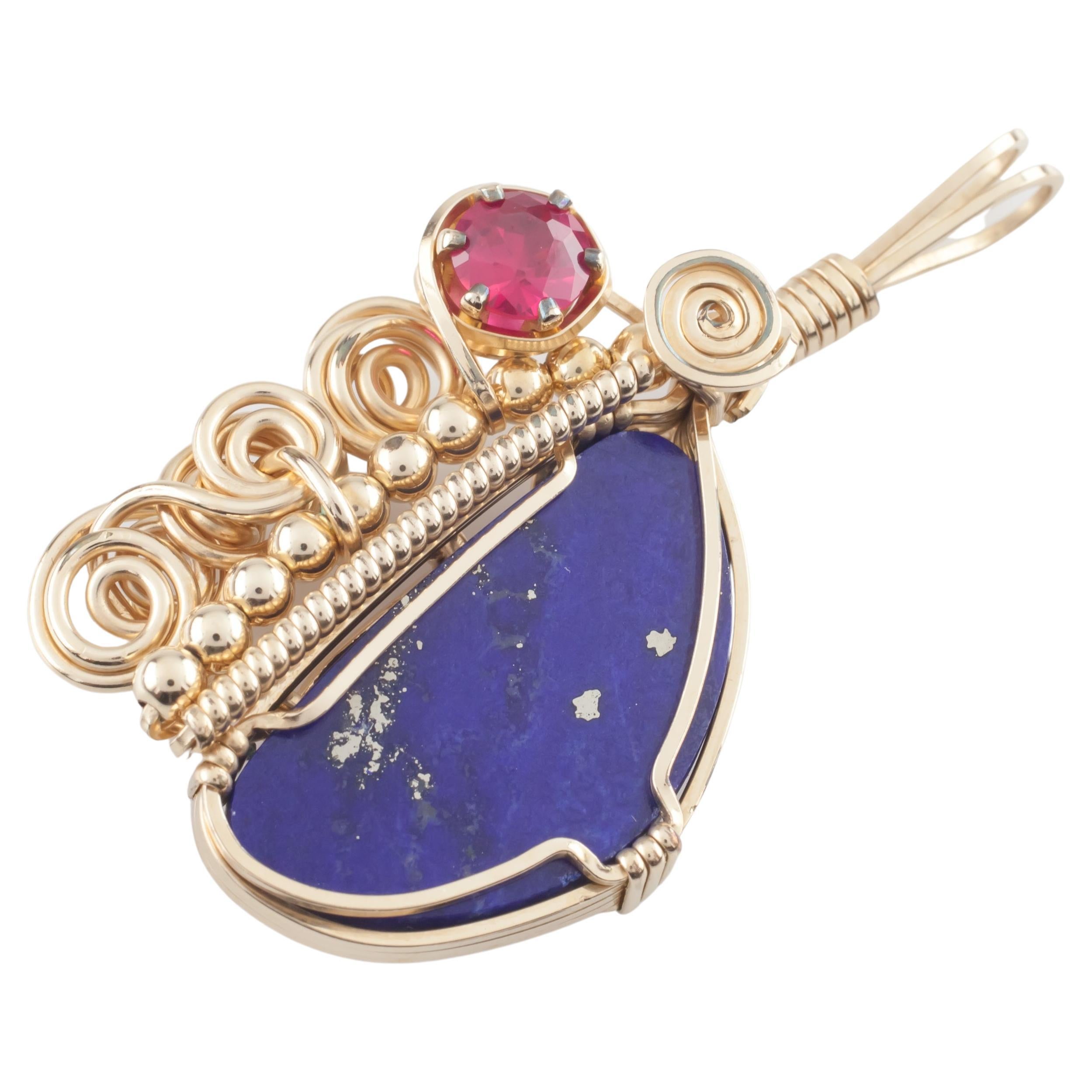 Handmade Ornate Gold Filled Wire Coil Lapis Lazuli & Pink Tourmaline Pendant For Sale