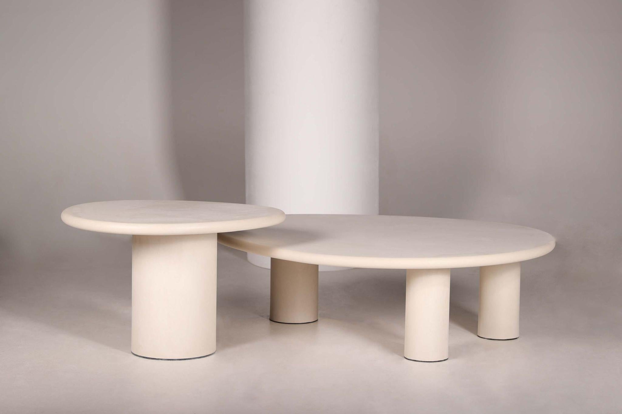 Handmade outdoor Rock-Shaped Natural Plaster Table Set by Philippe Colette
Dimensions: 
80 x 76 x 50, Foot Ø 30 cm
130 x 110 x 38, Foot Ø 20 cm 
Materials: Mineral lime plaster.

Our tables are in mineral lime plaster, unlike mortex, they are very