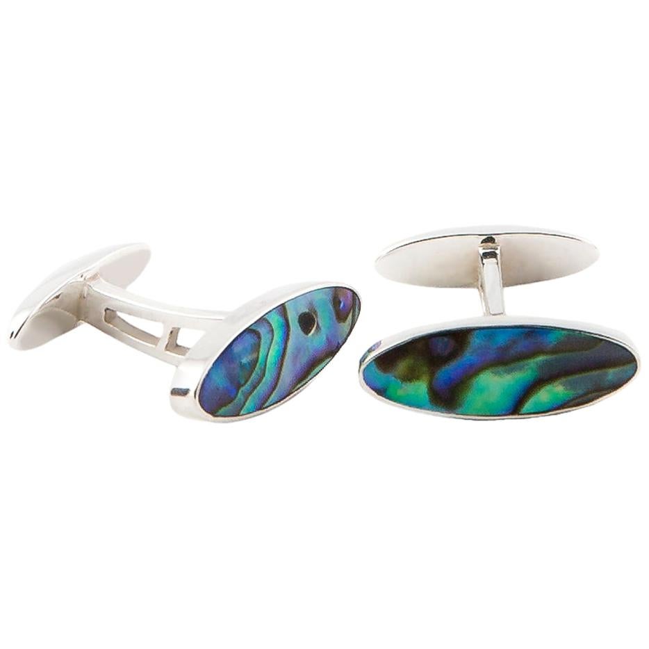 STERLING SILVER OVAL CUFFLINKS SET WITH ABLONE