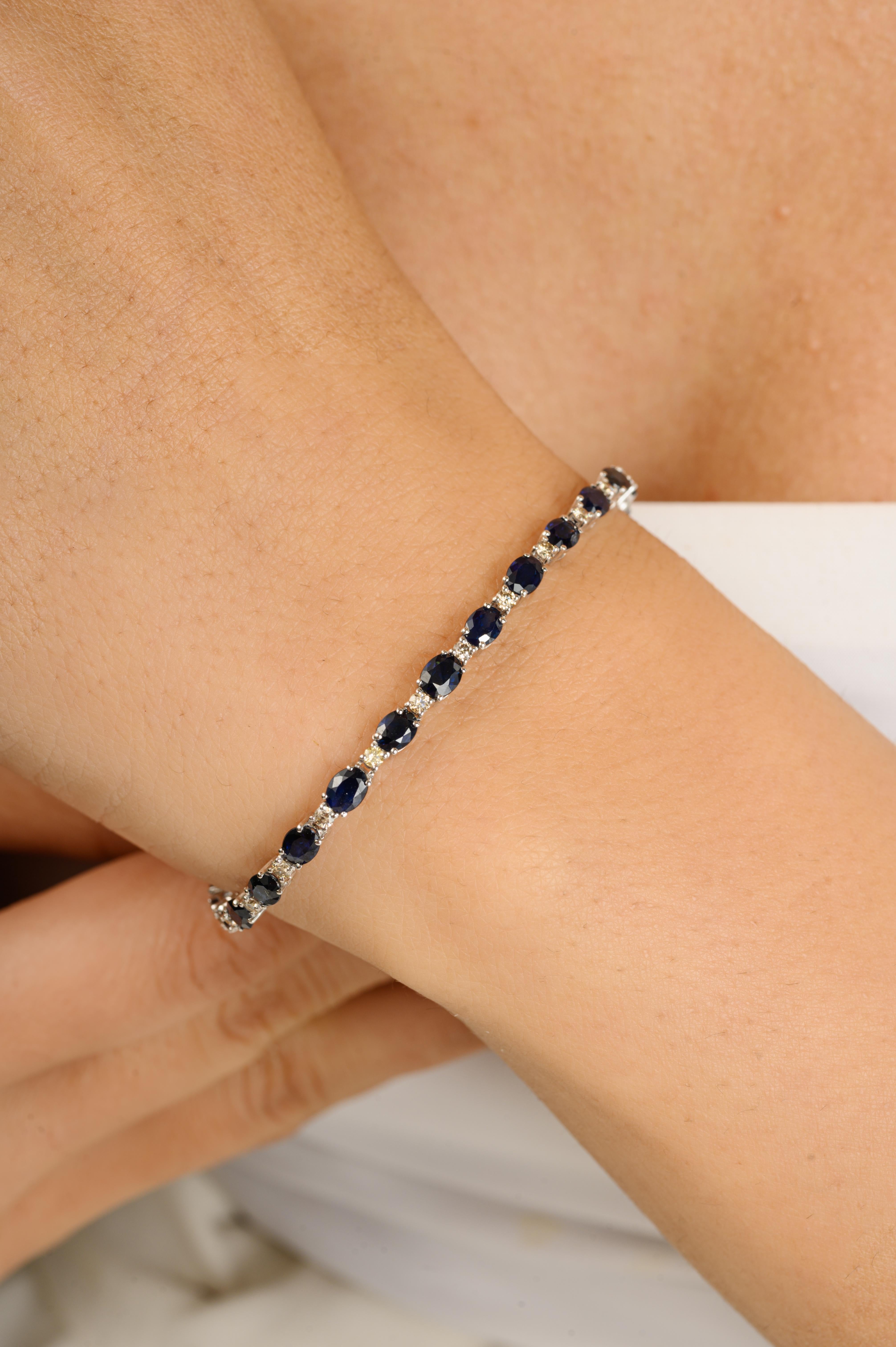 Art Deco Handmade Oval Cut Blue Sapphire Diamond Tennis Bracelet 14k White Gold Mom Gift For Sale