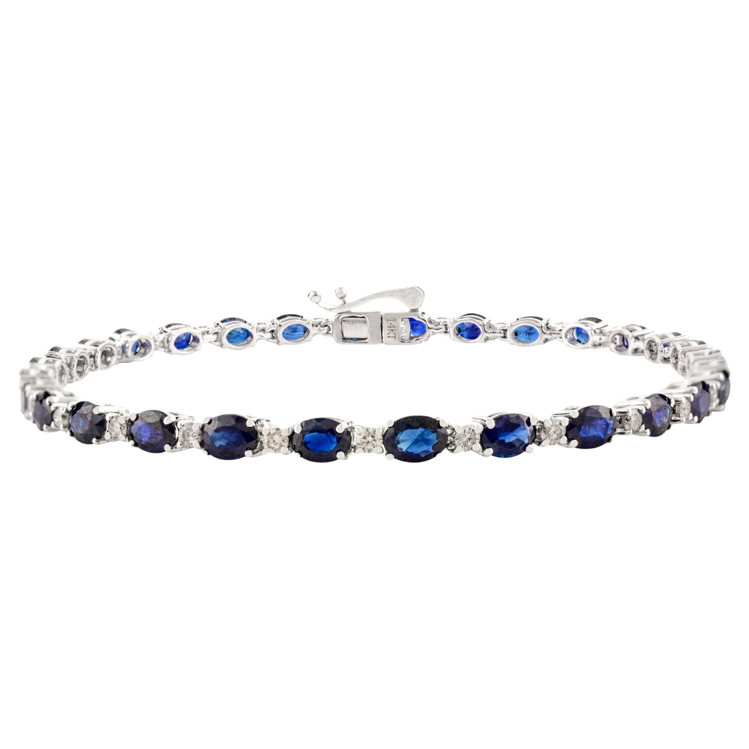 Handmade Oval Cut Blue Sapphire Diamond Tennis Bracelet 14k White Gold Mom Gift