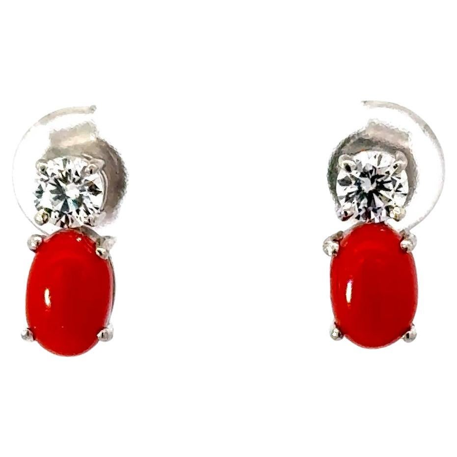 Handmade Oval Cut Coral Gemstone Studs Earring for Women Present in 925 Silver For Sale