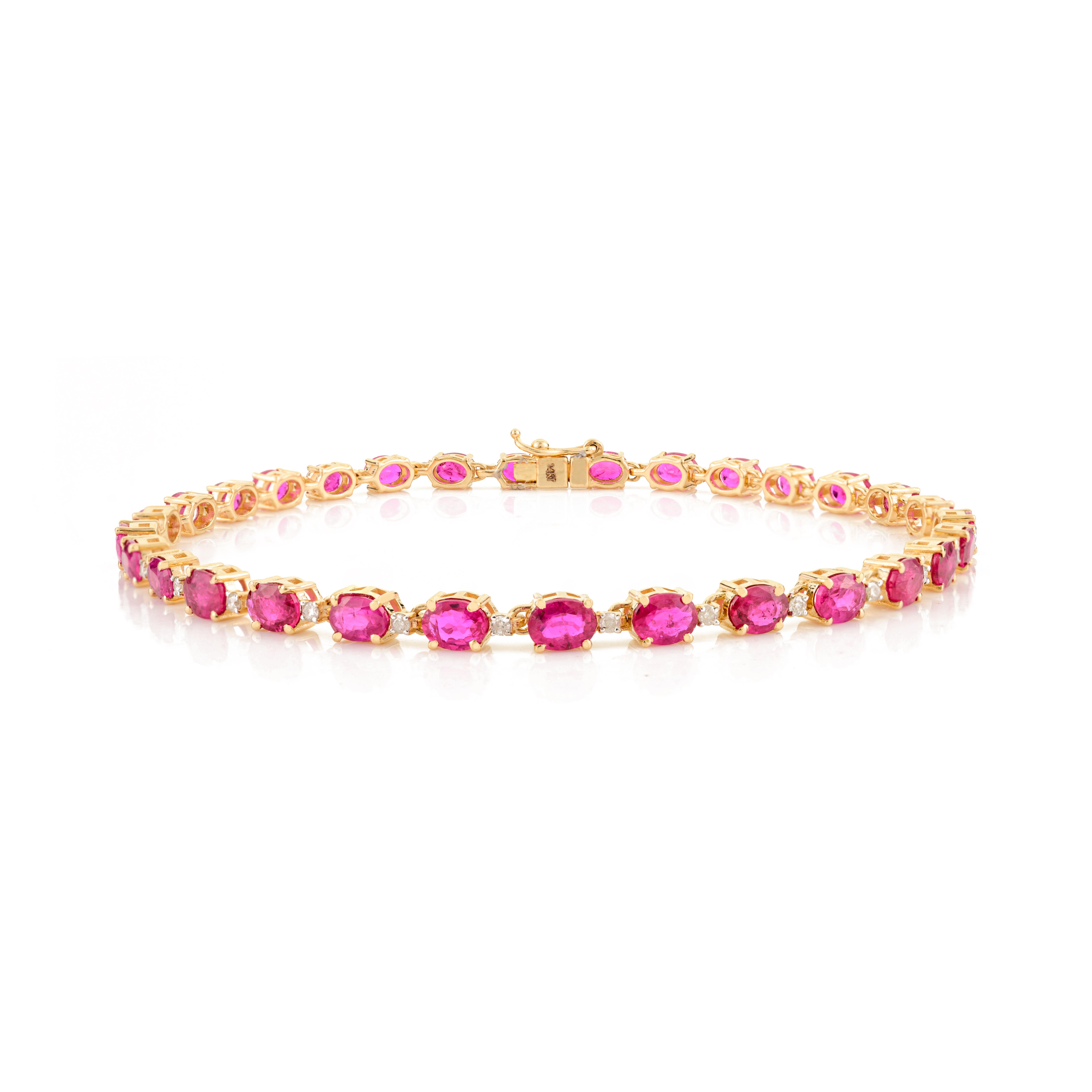 Art Nouveau Handmade Oval Cut Ruby Diamond Tennis Bracelet in 14k Yellow Gold Gift for Mom For Sale