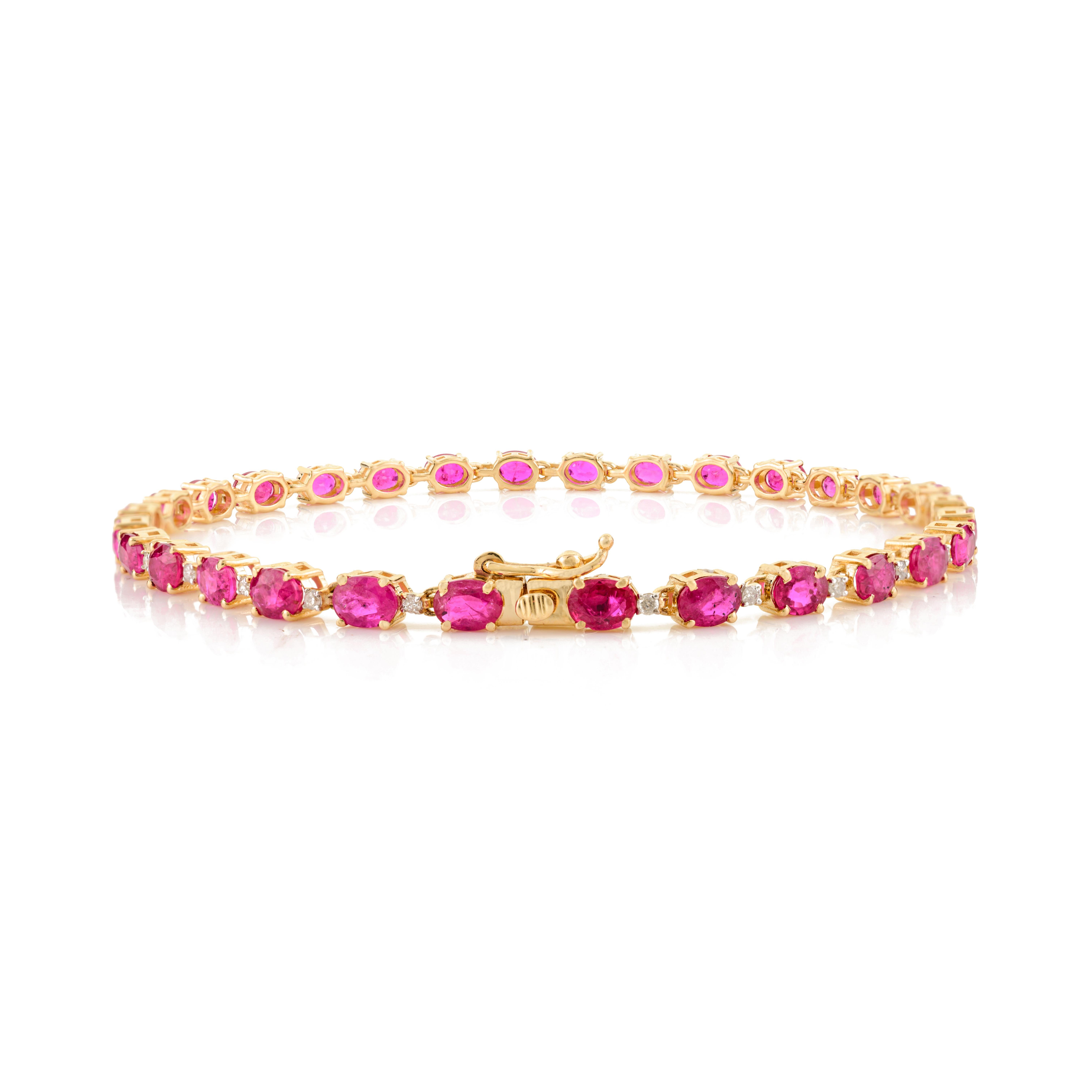 Handmade Oval Cut Ruby Diamond Tennis Bracelet in 14k Yellow Gold Gift for Mom In New Condition For Sale In New York, NY