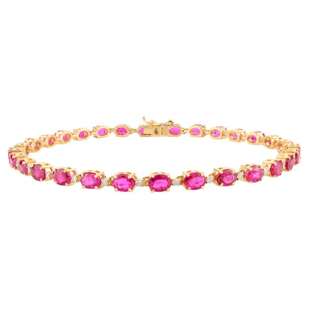 Handmade Oval Cut Ruby Diamond Tennis Bracelet in 14k Yellow Gold Gift ...