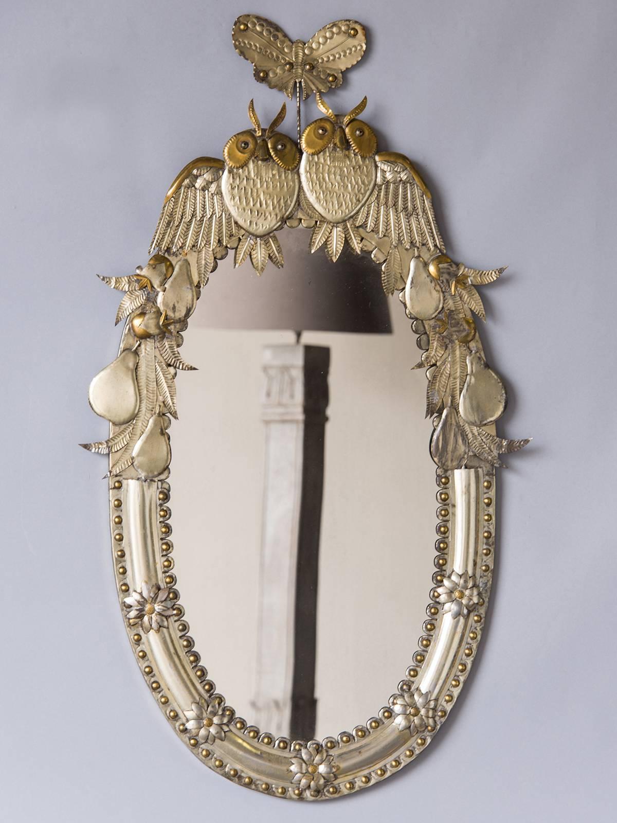 Handmade Oval Gilded Italian, Silvered Metal Mirror, Owls and Fruits, 1950 In Excellent Condition In Houston, TX