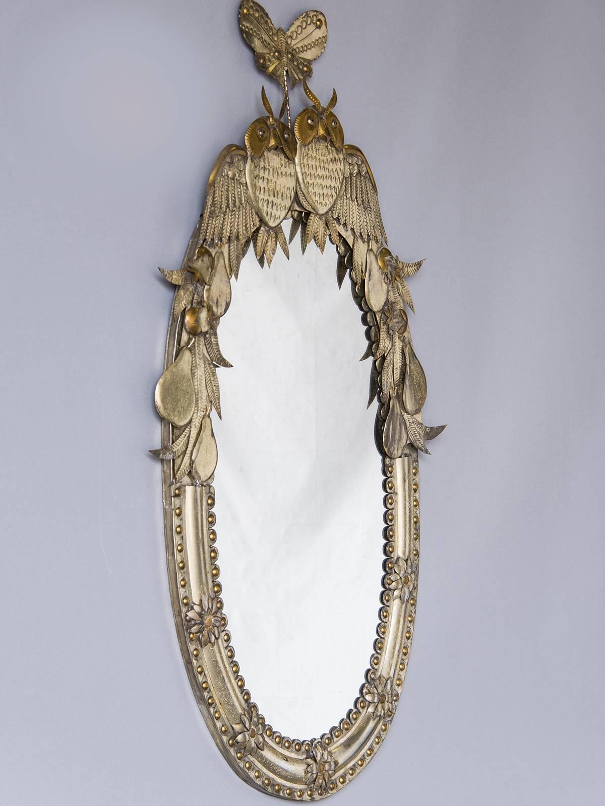 Mid-20th Century Handmade Oval Gilded Italian, Silvered Metal Mirror, Owls and Fruits, 1950