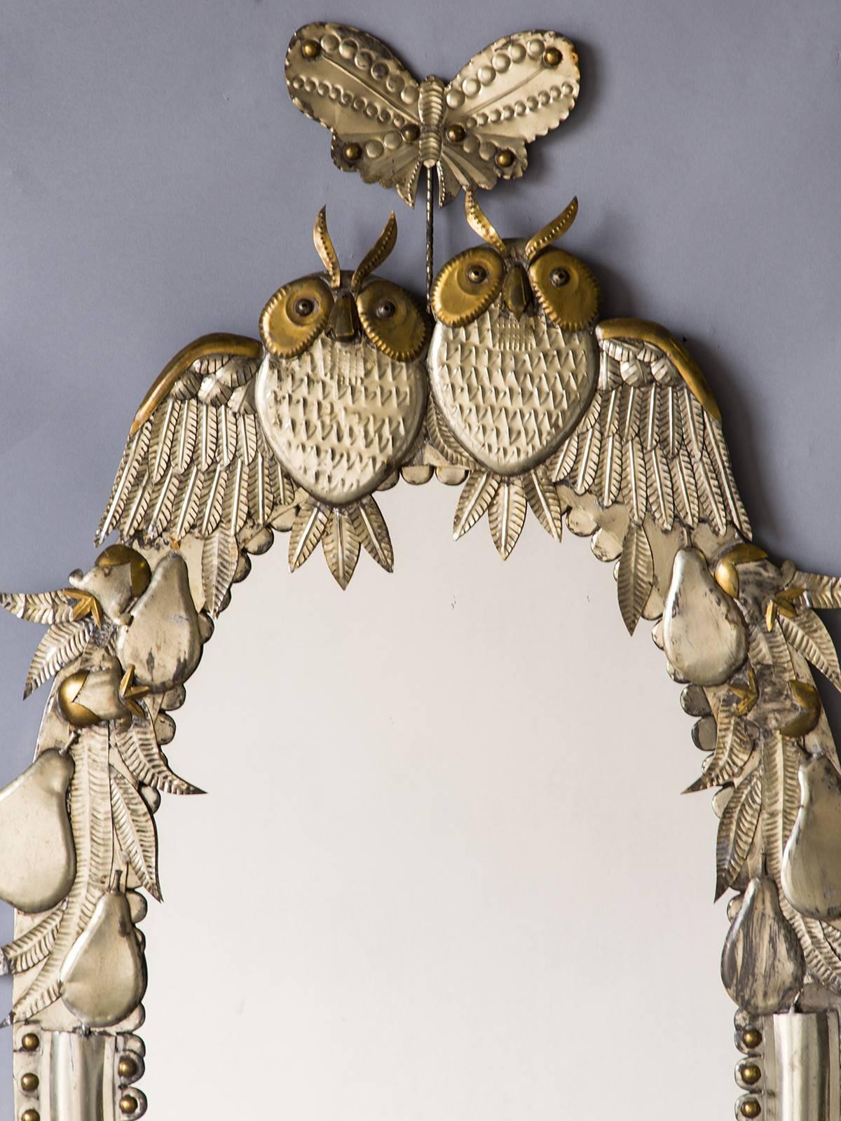 Handmade Oval Gilded Italian, Silvered Metal Mirror, Owls and Fruits, 1950 2