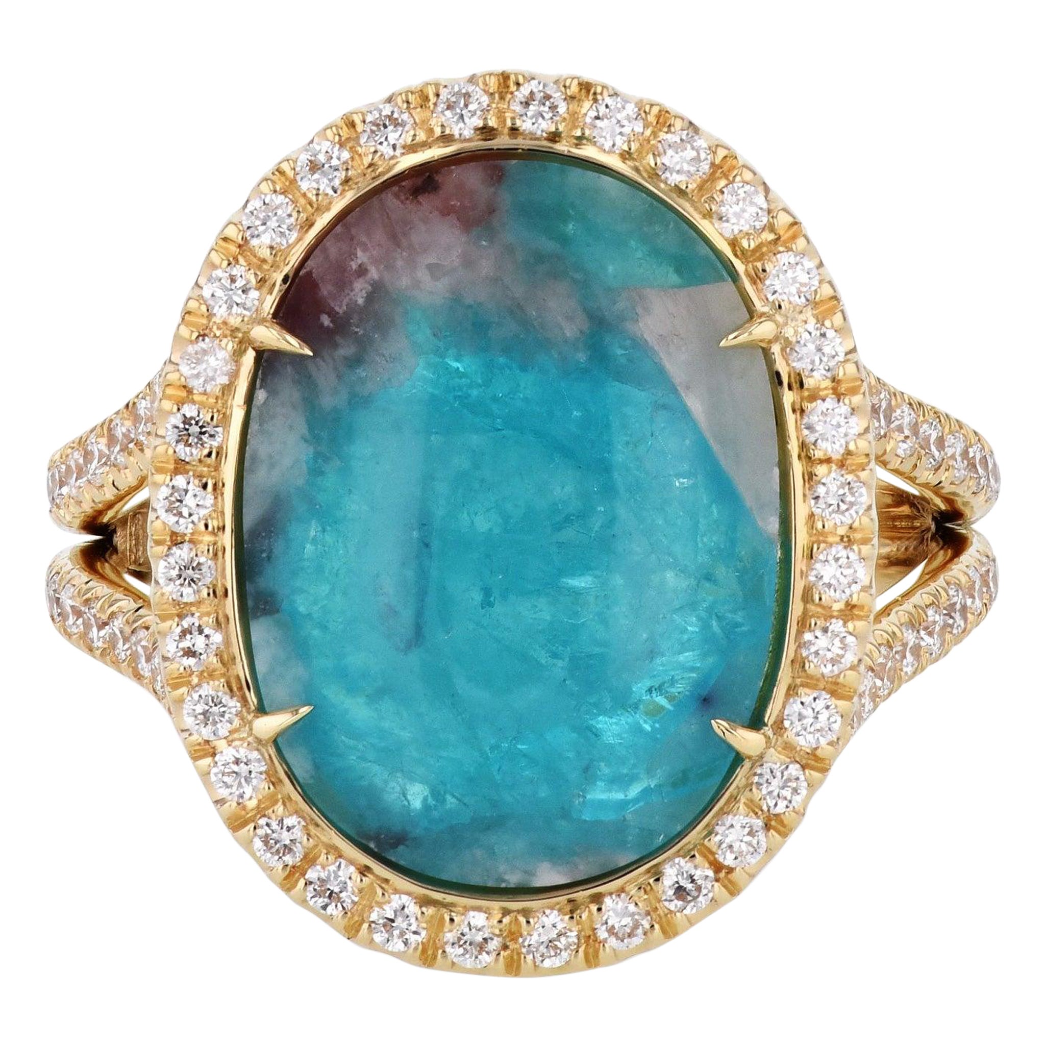 Bague en or jaune avec tourmaline Paraiba ovale cabochon diamantée, faite à la main