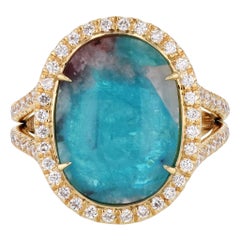 Handmade Oval Paraiba Tourmaline Cabochon Diamond Yellow Gold Ring