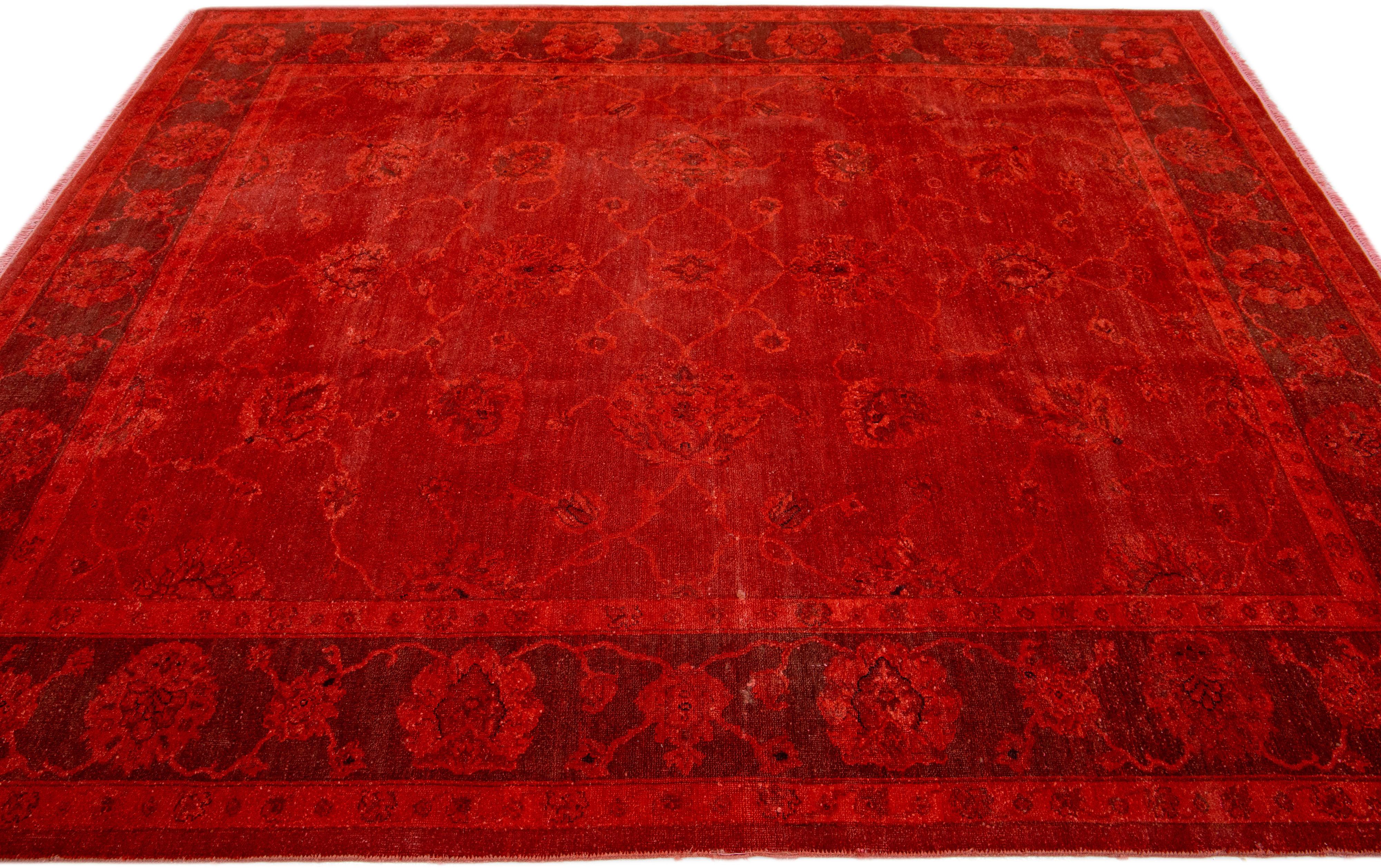 English Handmade Overdye Red Modern Art & Crafts Wool Rug with a Floral Pattern For Sale