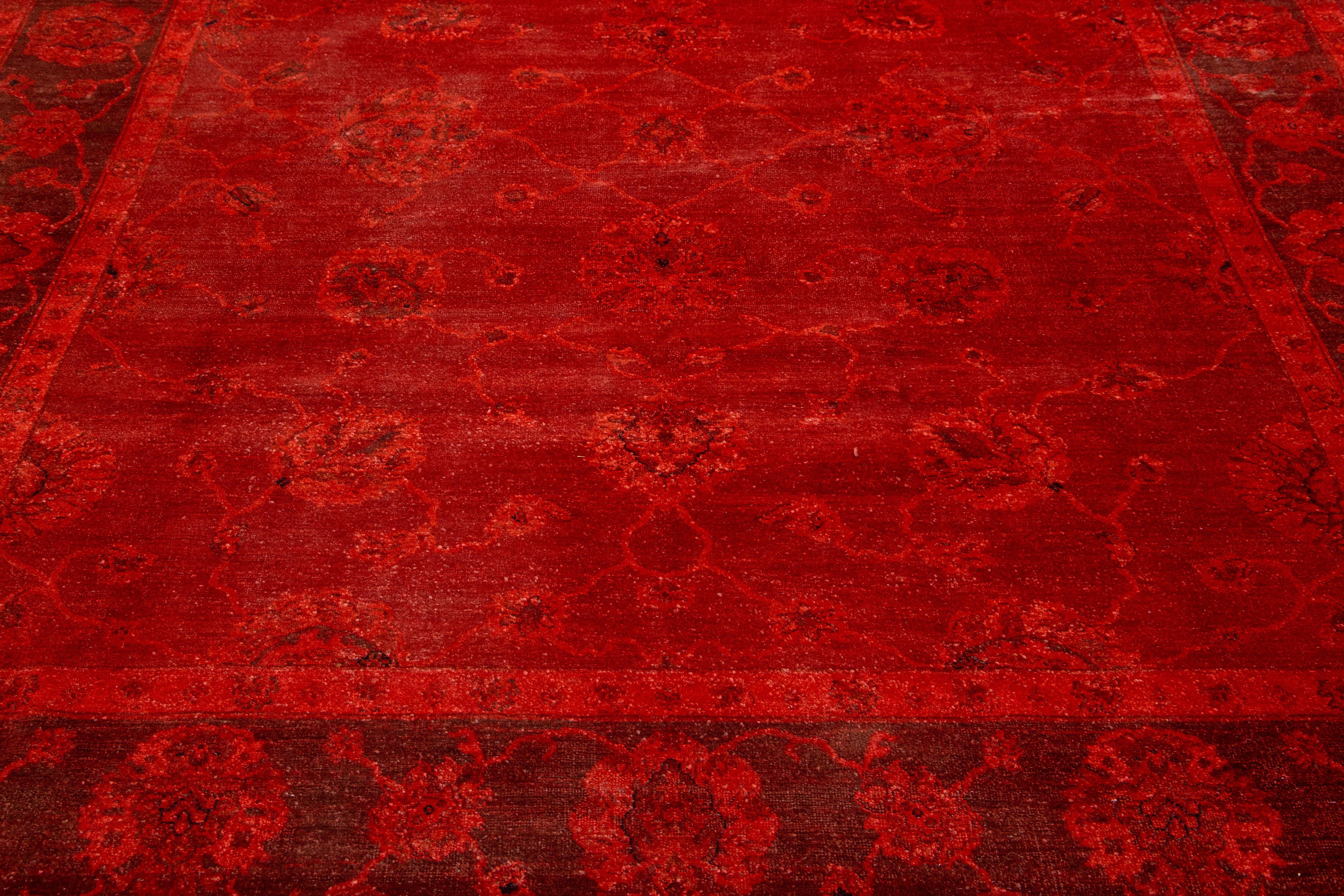 Handmade Overdye Red Modern Art & Crafts Wool Rug with a Floral Pattern In Distressed Condition For Sale In Norwalk, CT