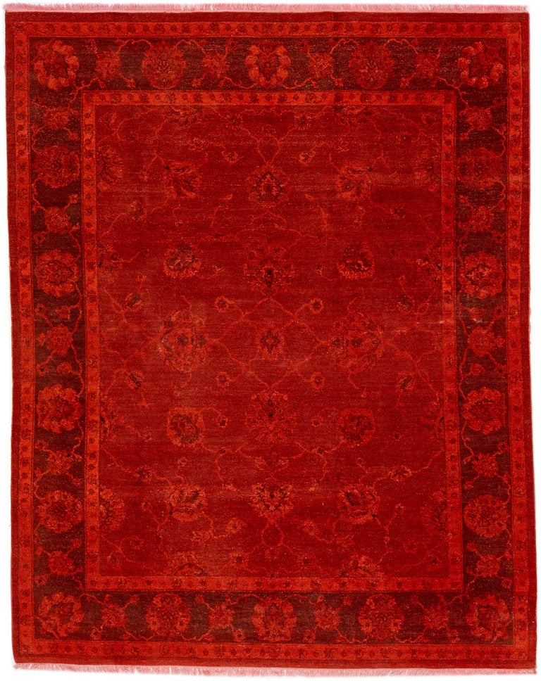 Handmade Overdye Red Modern Art and Crafts Wool Rug with a Floral