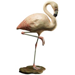 Handgefertigter Flamingo aus Papiermaché:: Originalfarbe mit schöner Alterspatina