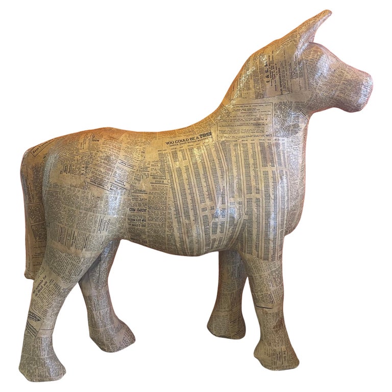 Grand Cheval à Roulettes Vintage Années 70 – Papier Mâché Et Feutrine – Occasion Très Bon état