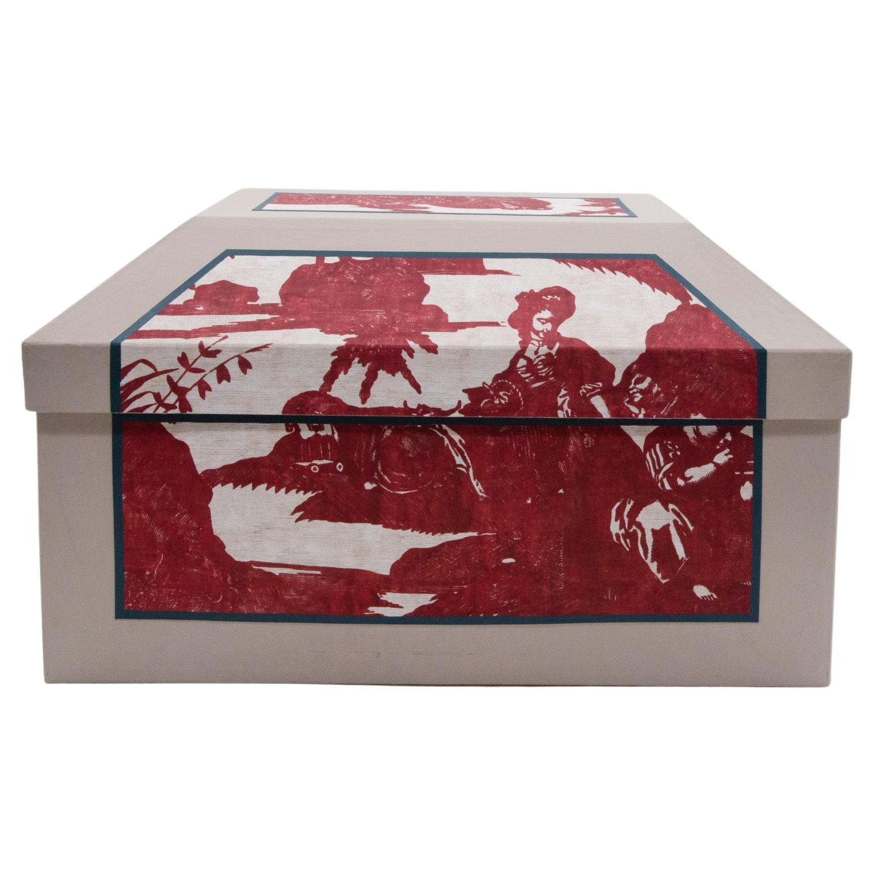 Handmade Papier-mâché Wedding Box - Made in France - Red Toile de Jouy print For Sale