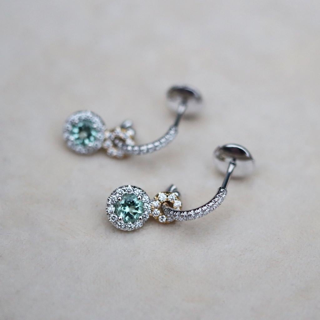 Handmade Pastel Green Paraiba Tourmaline White Diamond Halo Charm Earrings In New Condition In Antwerp, BE