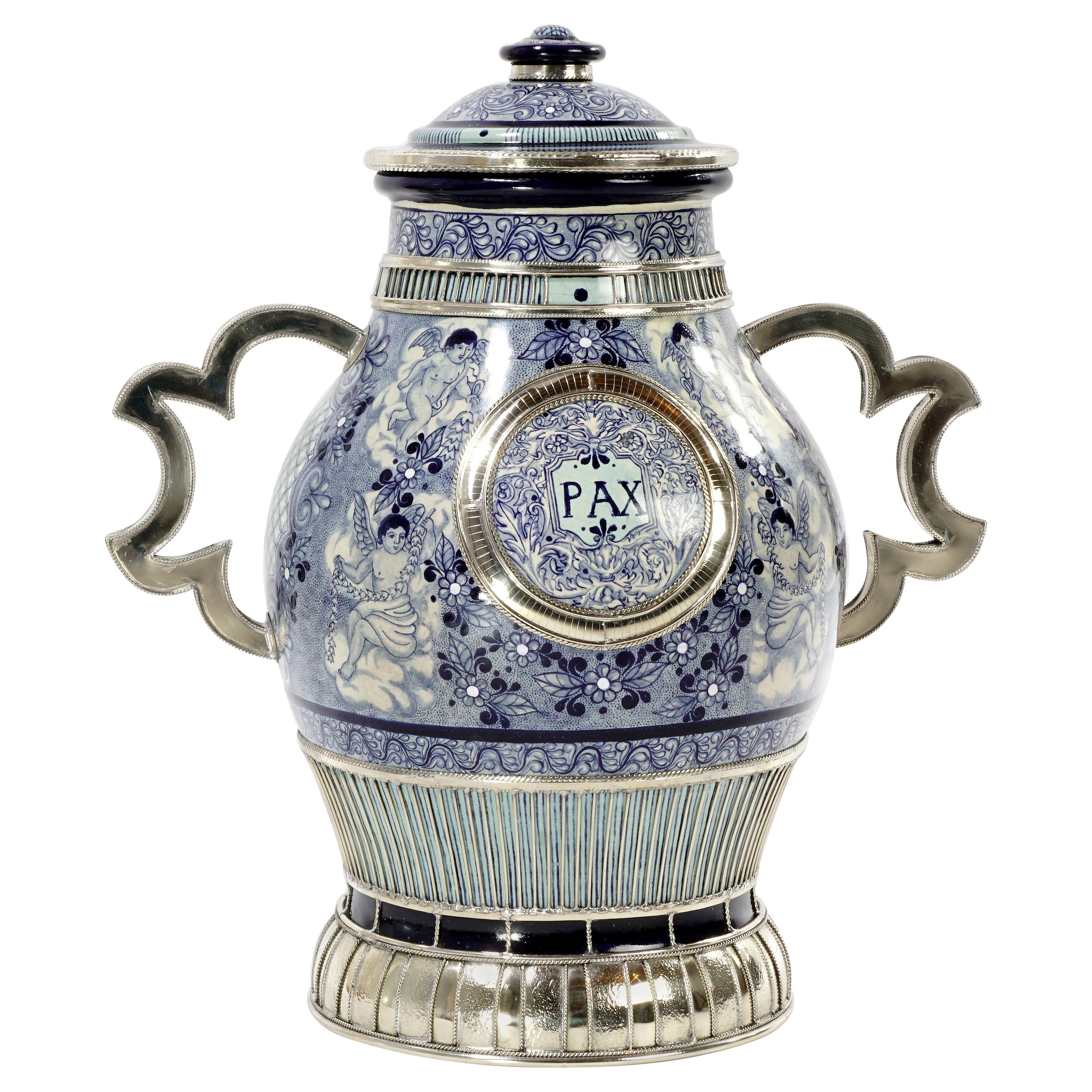 Handmade Pax Cherubs Jar, Ceramic and White Metal ‘Alpaca’, One of a Kind