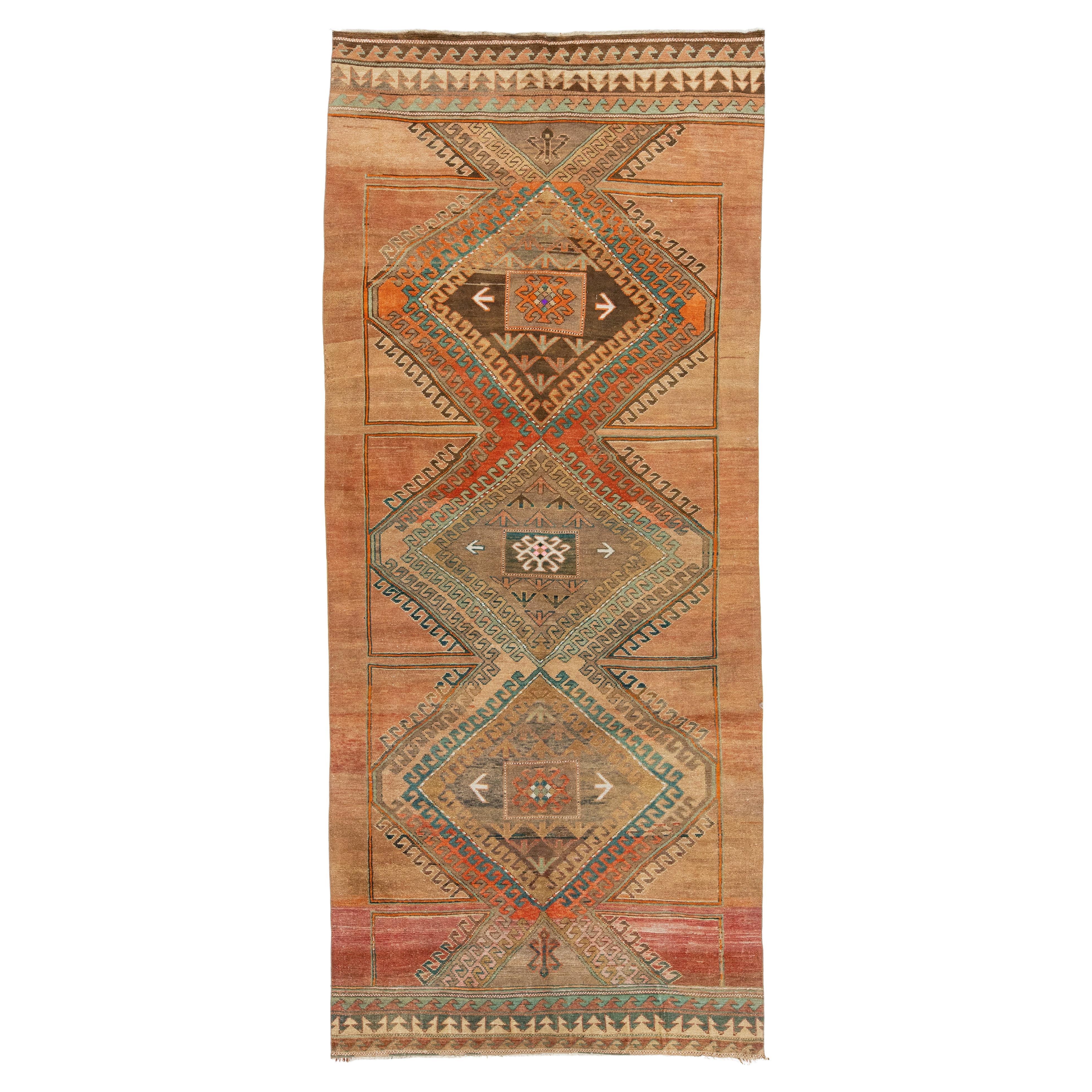 Handmade Peach Turkish Kars Vintage  Wool Rug With a Tribal Design