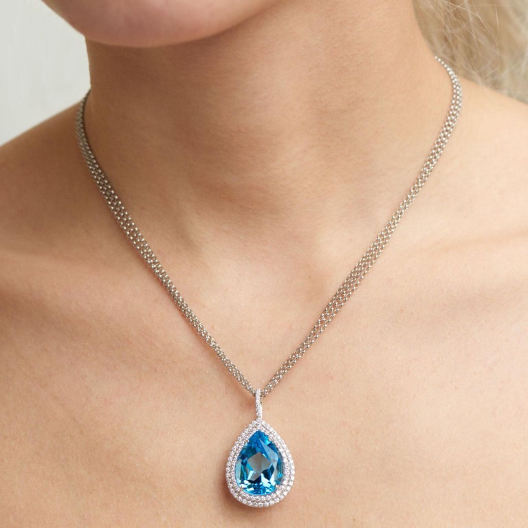Handmade Pear Shaped Blue Topaz Diamond Drop Pendant In New Condition For Sale In Miami, FL