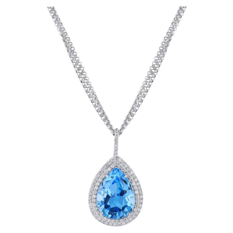 Handmade Pear Shaped Blue Topaz Diamond Drop Pendant For Sale