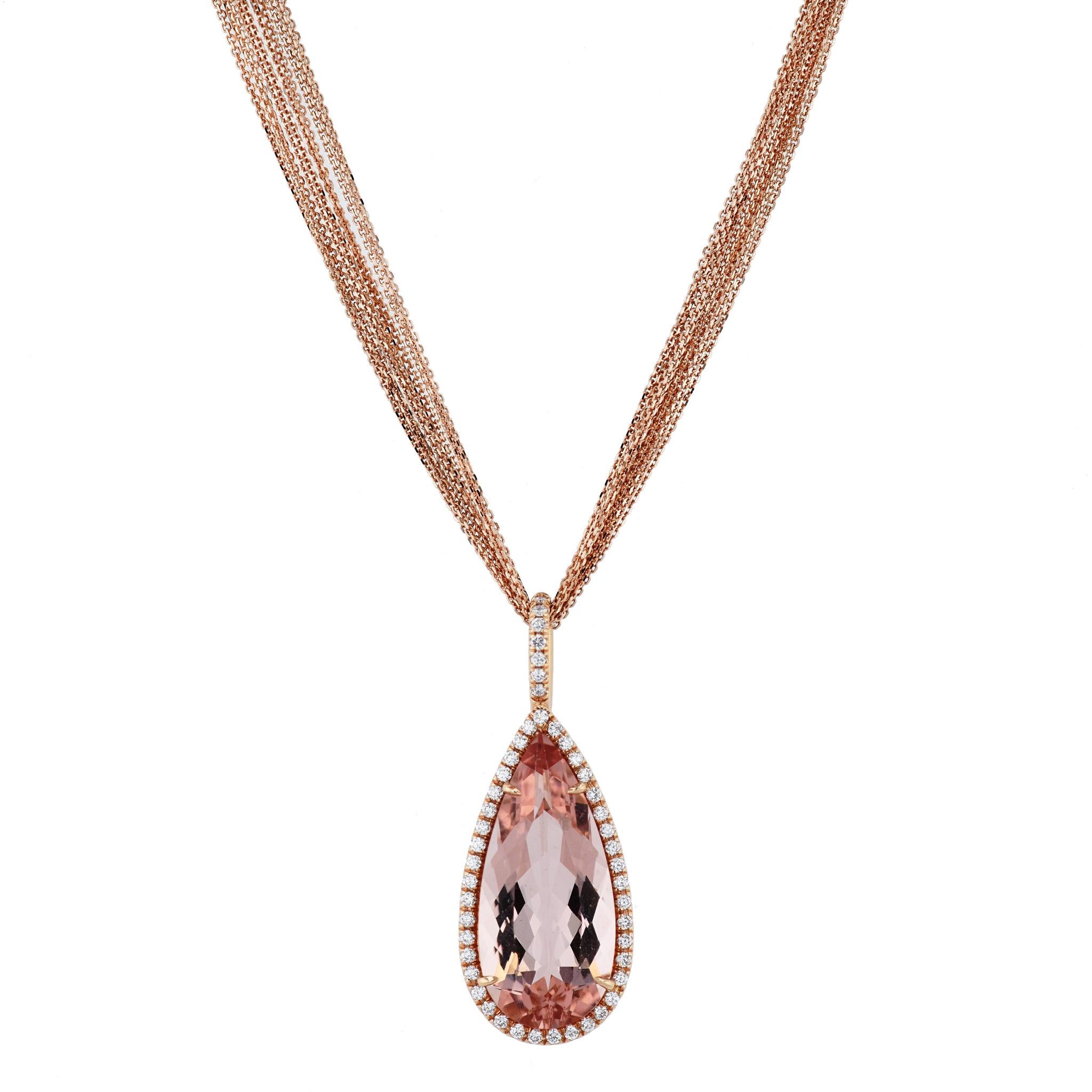 This exquisite H & H Collection pear shaped morganite pendant with a multi-strand rose gold necklace features 12.73 carat of morganite and an awe-inspiring 0.53 carat of pave mounted diamonds F/G VS1 (68 pieces in total). 
Fall in love with its